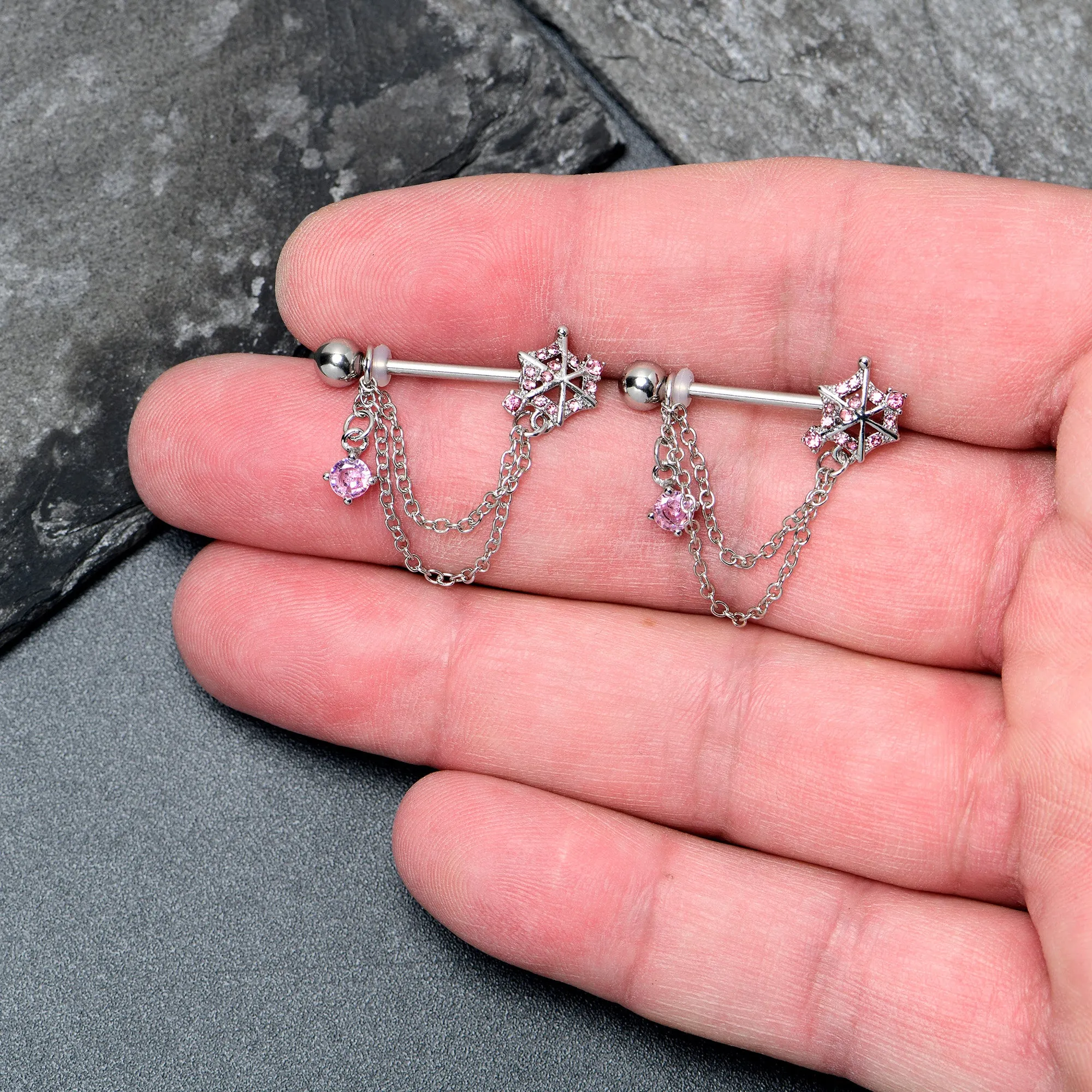 14 Gauge 9/16 Pink CZ Gem Spiderweb Chain Dangle Nipple Ring Set