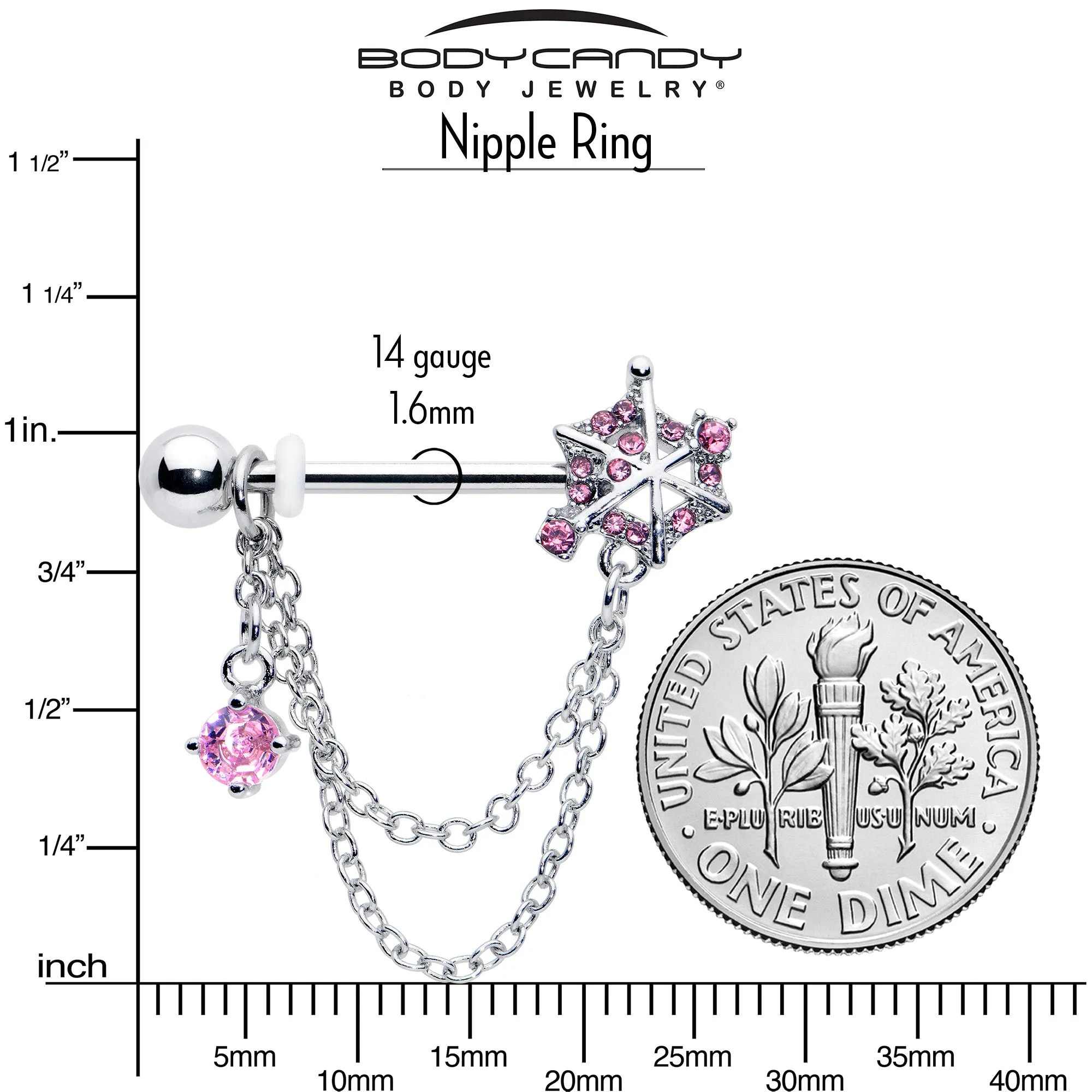 14 Gauge 9/16 Pink CZ Gem Spiderweb Chain Dangle Nipple Ring Set