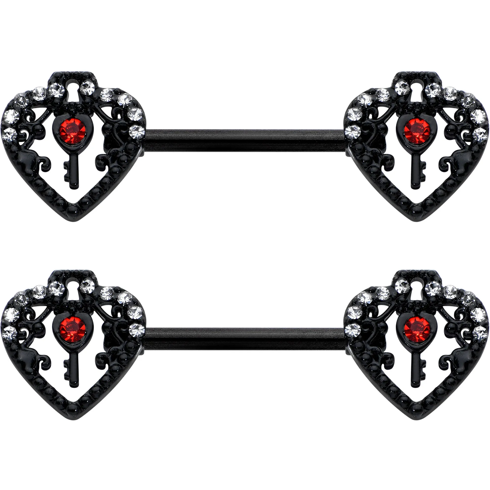14 Gauge 9/16 Red Clear Gem Black Key Heart Barbell Nipple Ring Set