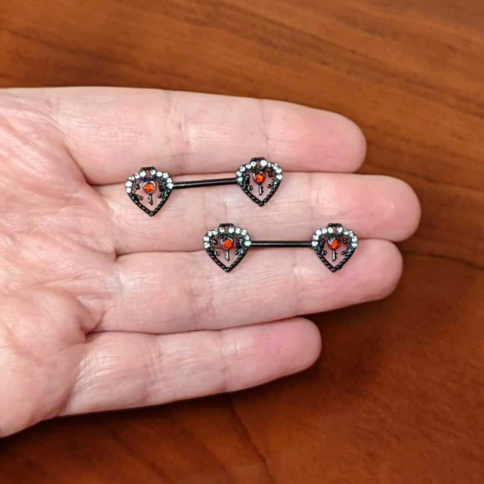 14 Gauge 9/16 Red Clear Gem Black Key Heart Barbell Nipple Ring Set