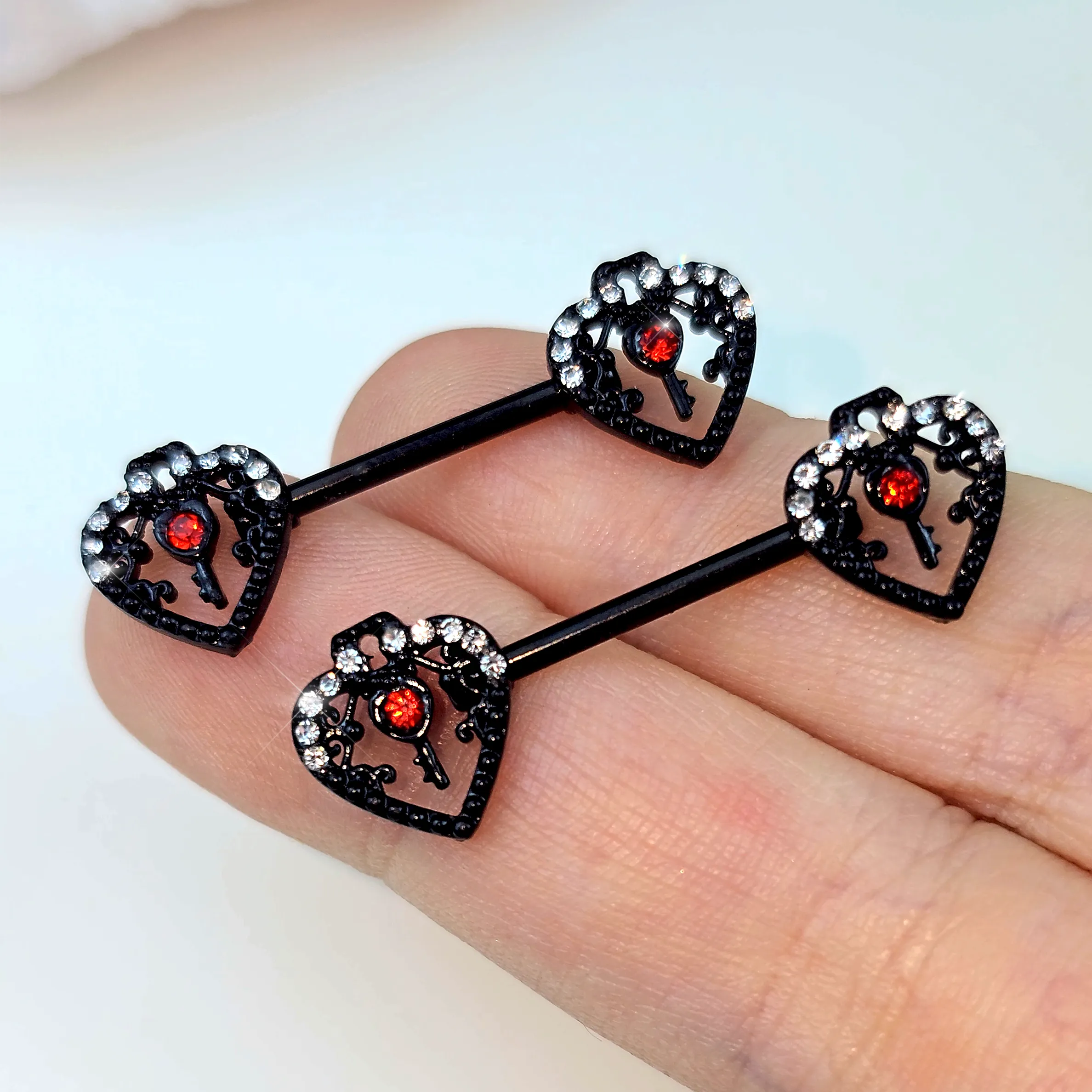 14 Gauge 9/16 Red Clear Gem Black Key Heart Barbell Nipple Ring Set