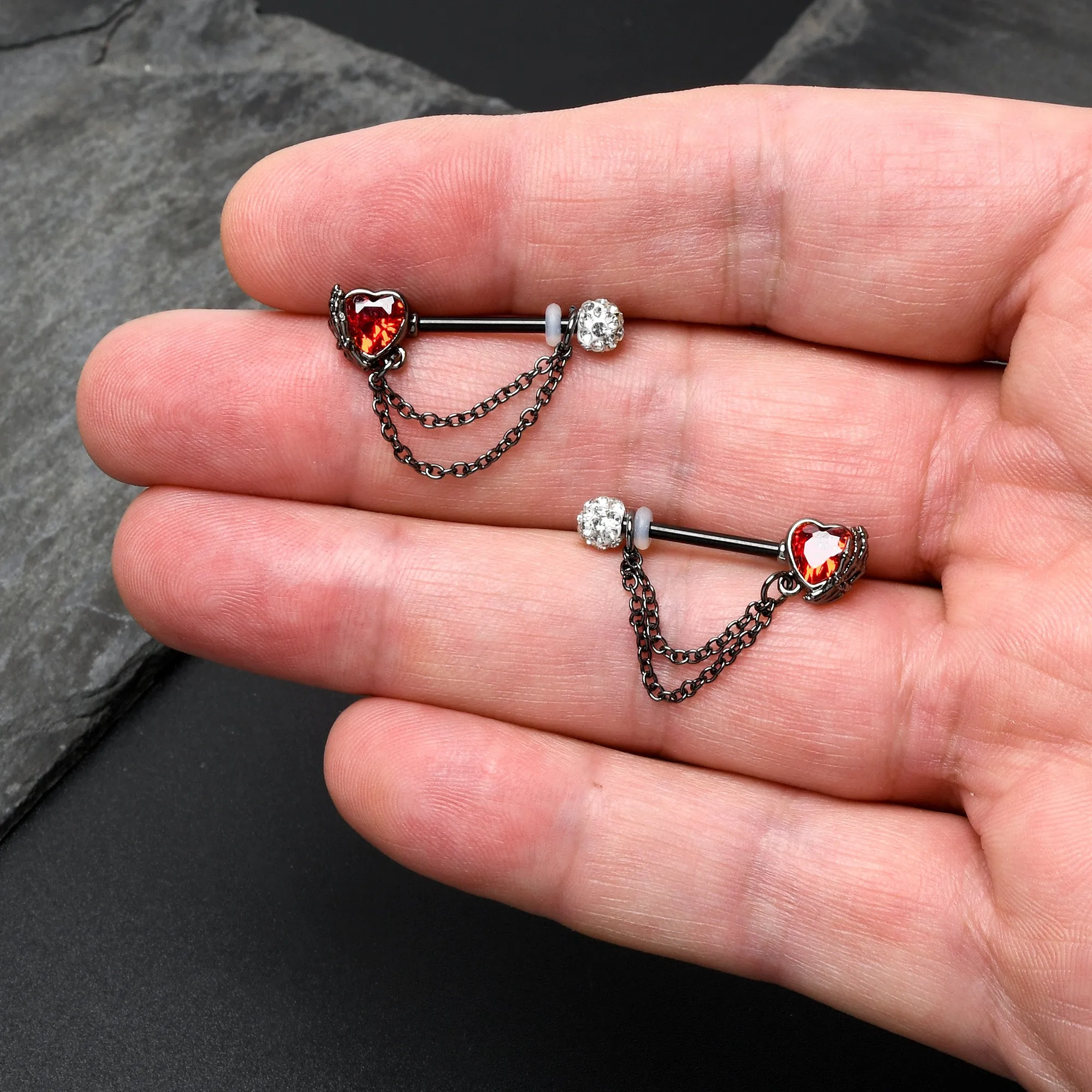 14 Gauge 9/16 Red CZ Gem Black Heart Hand Chain Dangle Nipple Ring Set