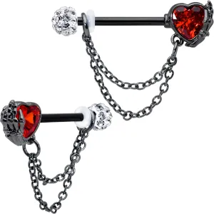 14 Gauge 9/16 Red CZ Gem Black Heart Hand Chain Dangle Nipple Ring Set