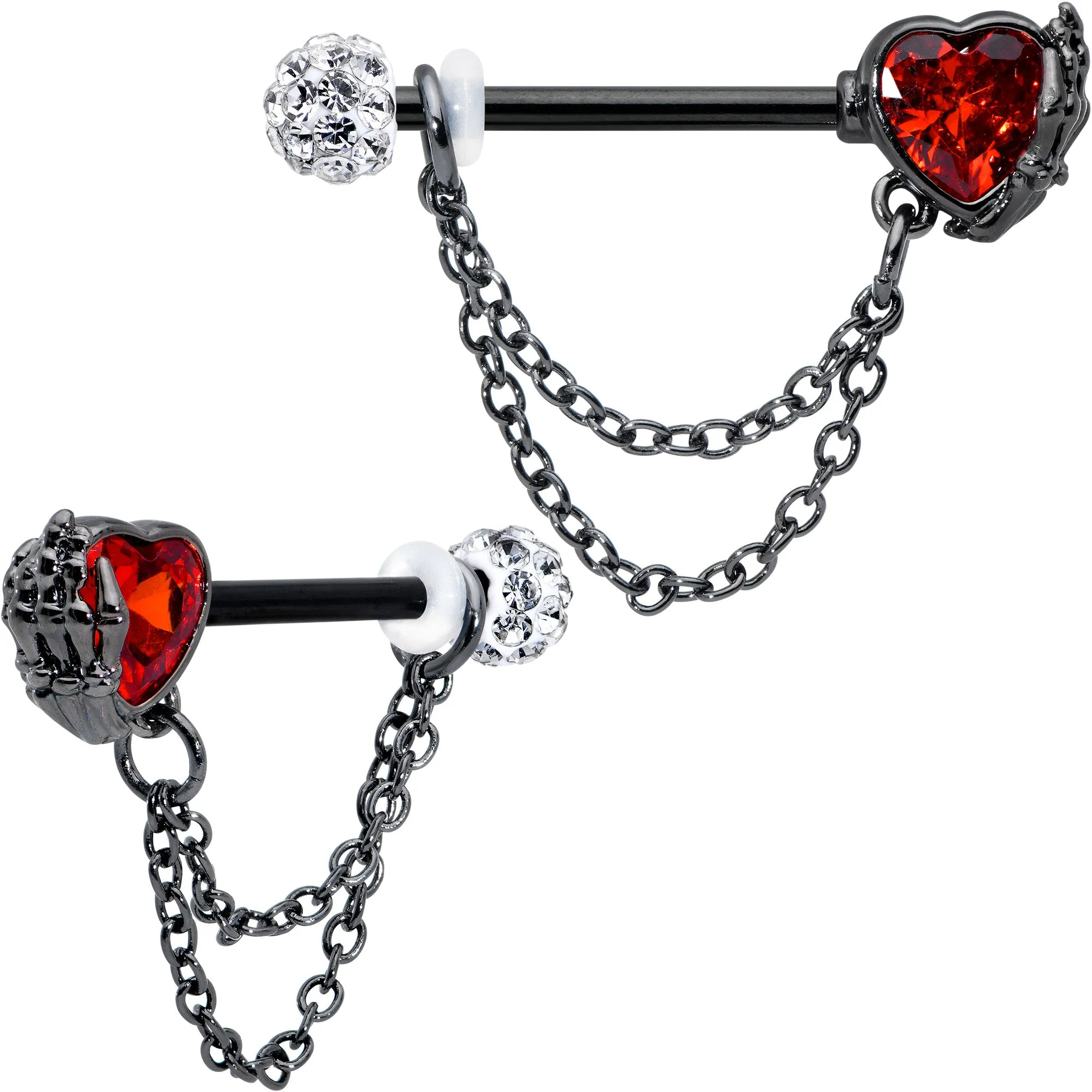14 Gauge 9/16 Red CZ Gem Black Heart Hand Chain Dangle Nipple Ring Set