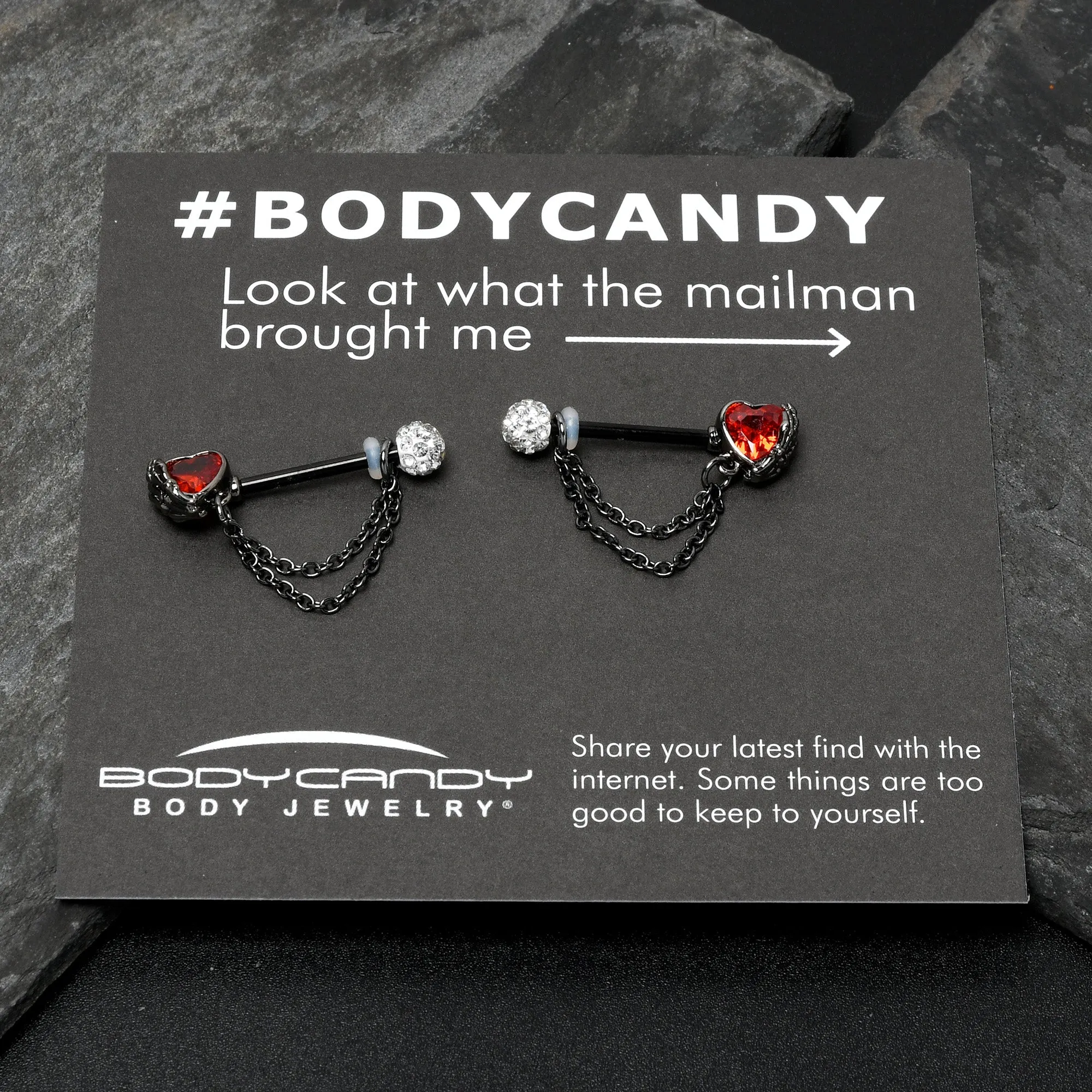14 Gauge 9/16 Red CZ Gem Black Heart Hand Chain Dangle Nipple Ring Set