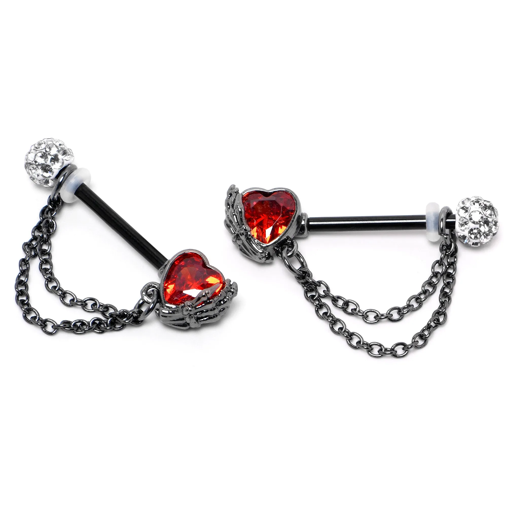 14 Gauge 9/16 Red CZ Gem Black Heart Hand Chain Dangle Nipple Ring Set