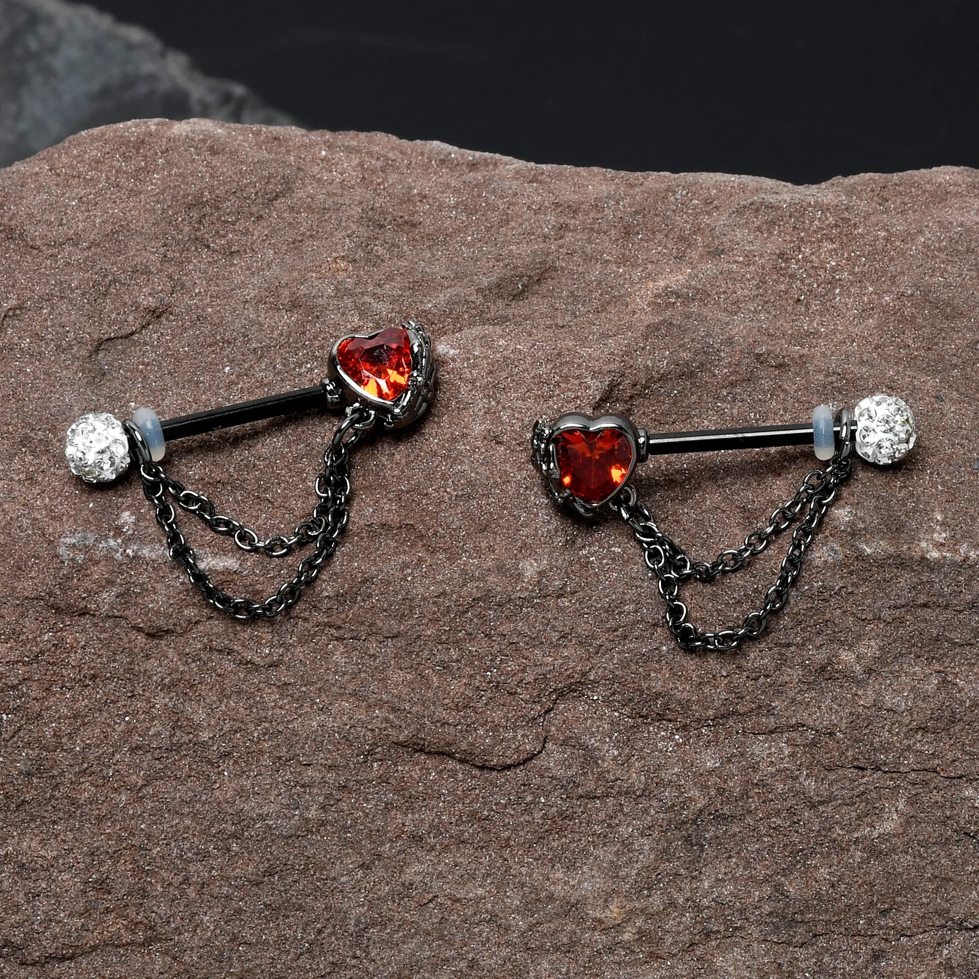 14 Gauge 9/16 Red CZ Gem Black Heart Hand Chain Dangle Nipple Ring Set