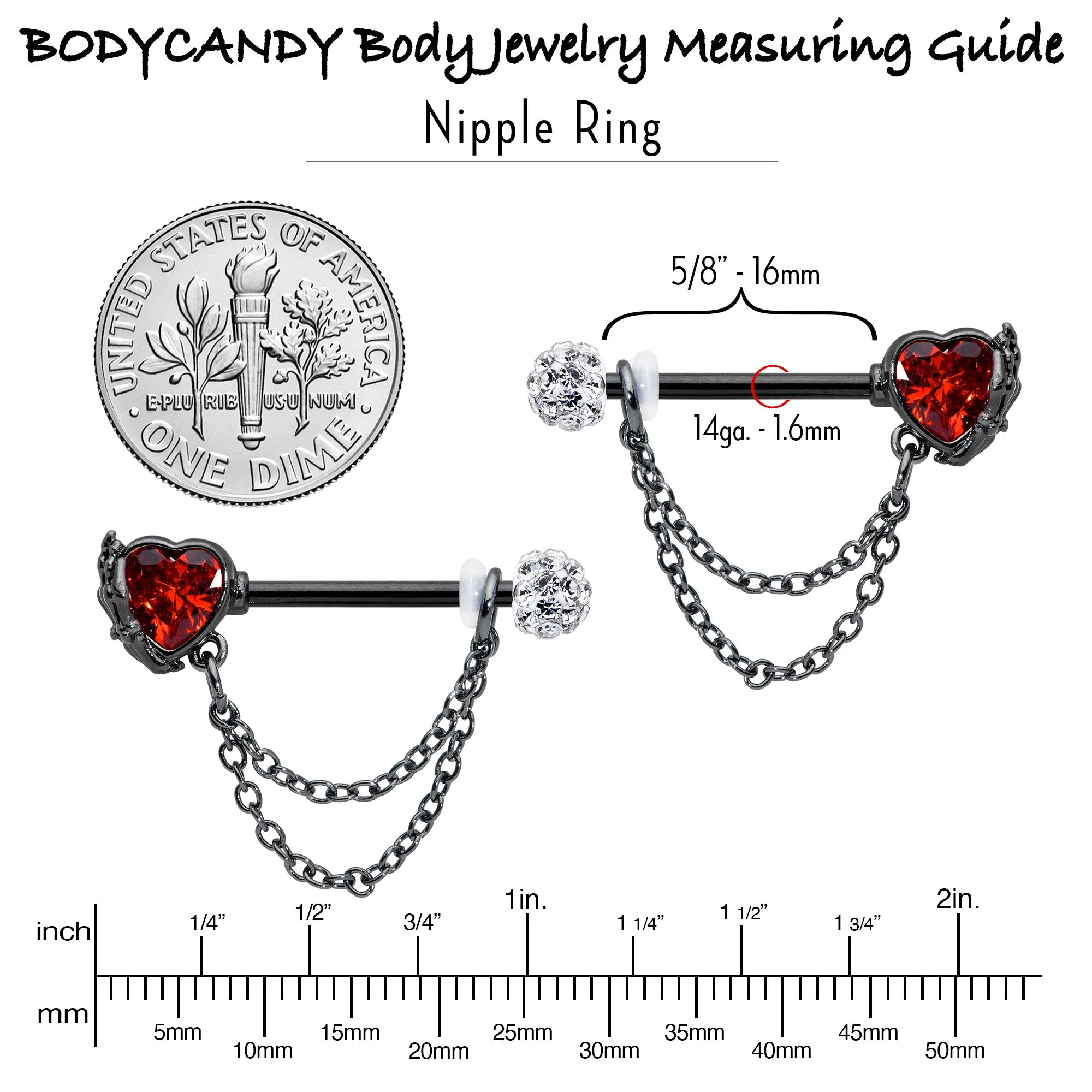 14 Gauge 9/16 Red CZ Gem Black Heart Hand Chain Dangle Nipple Ring Set