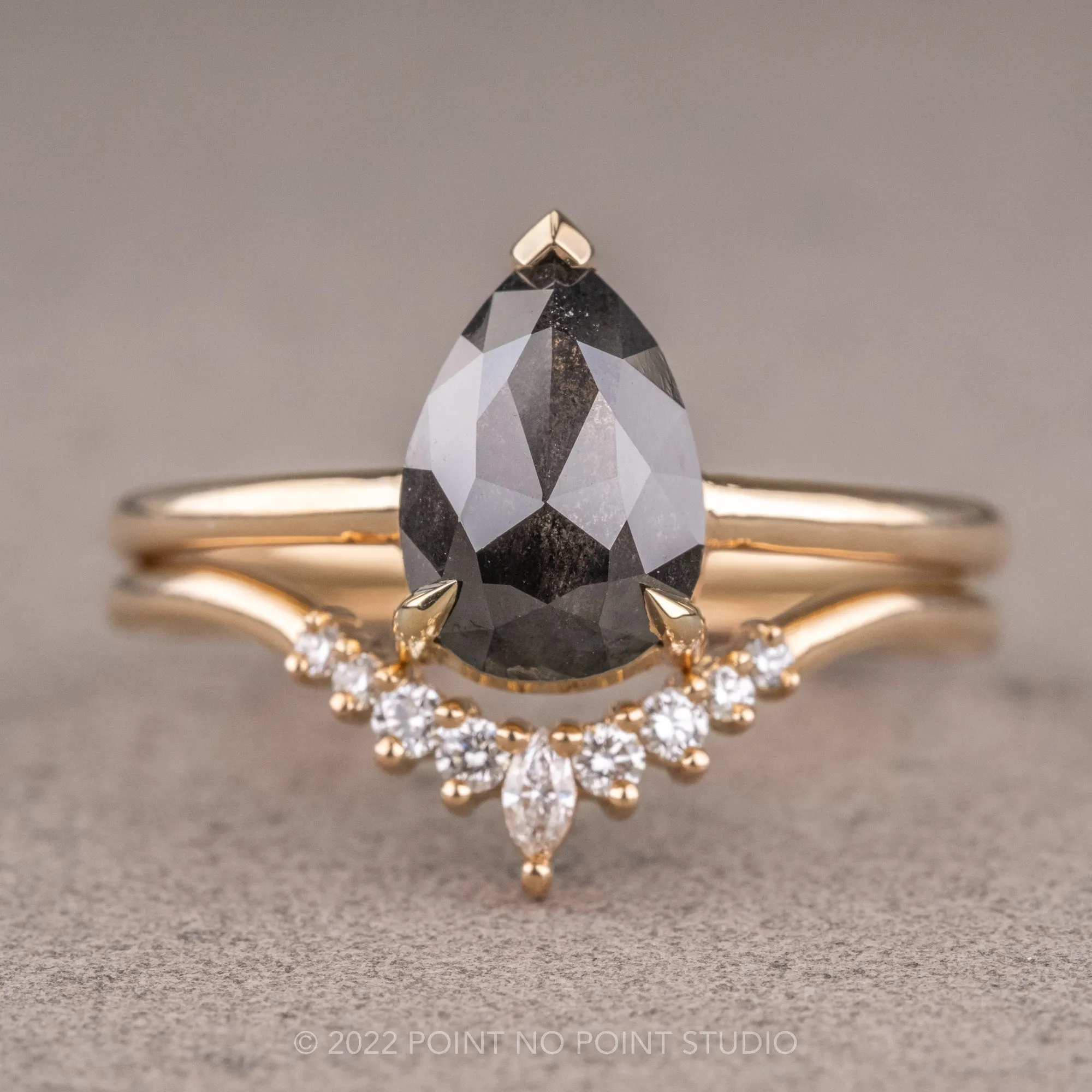1.40 Carat Black Pear Diamond Engagement Ring, Charlize Setting, 14k Yellow Gold