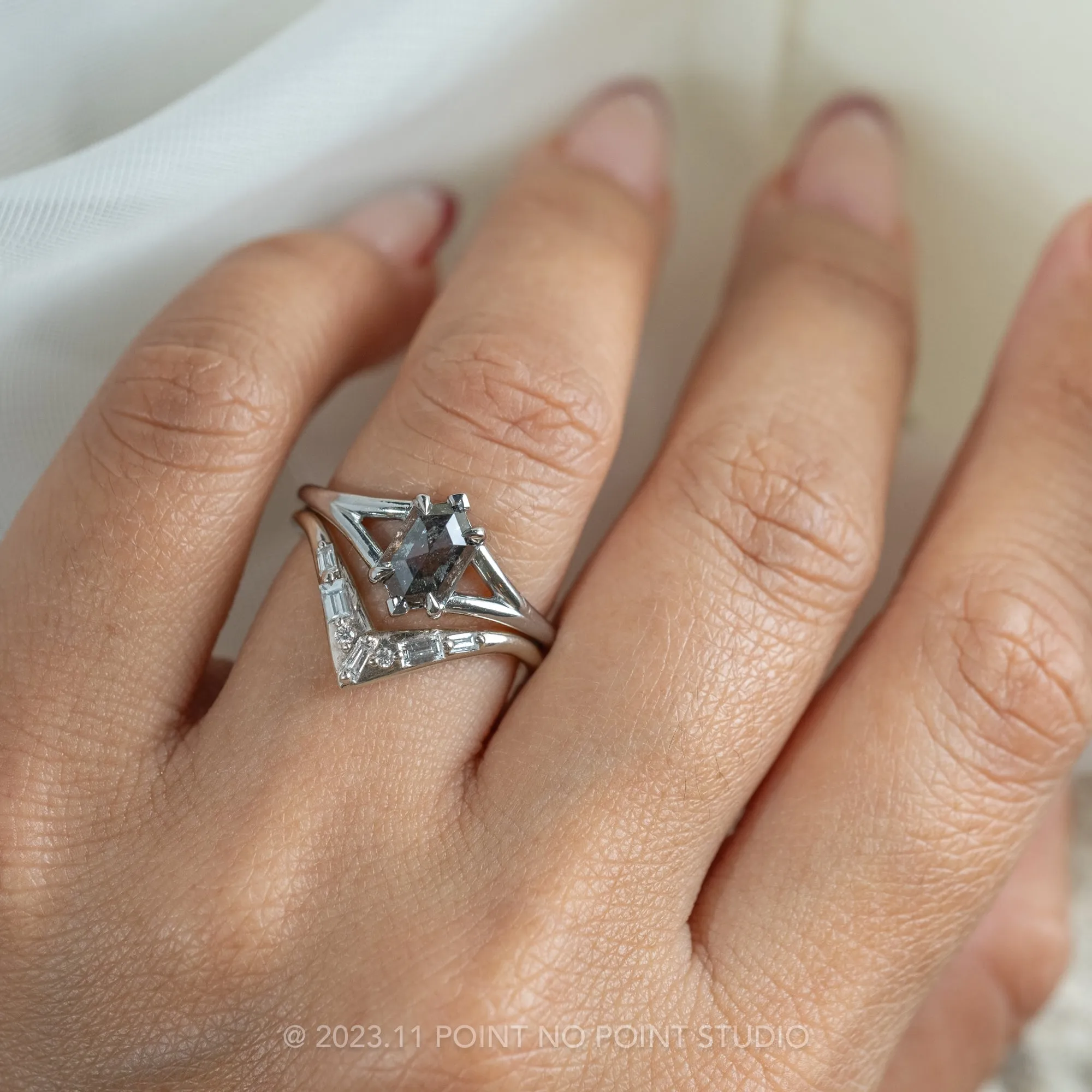 1.42 Carat Black Speckled Hexagon Diamond Engagement Ring, Charlize Setting, 14k White Gold