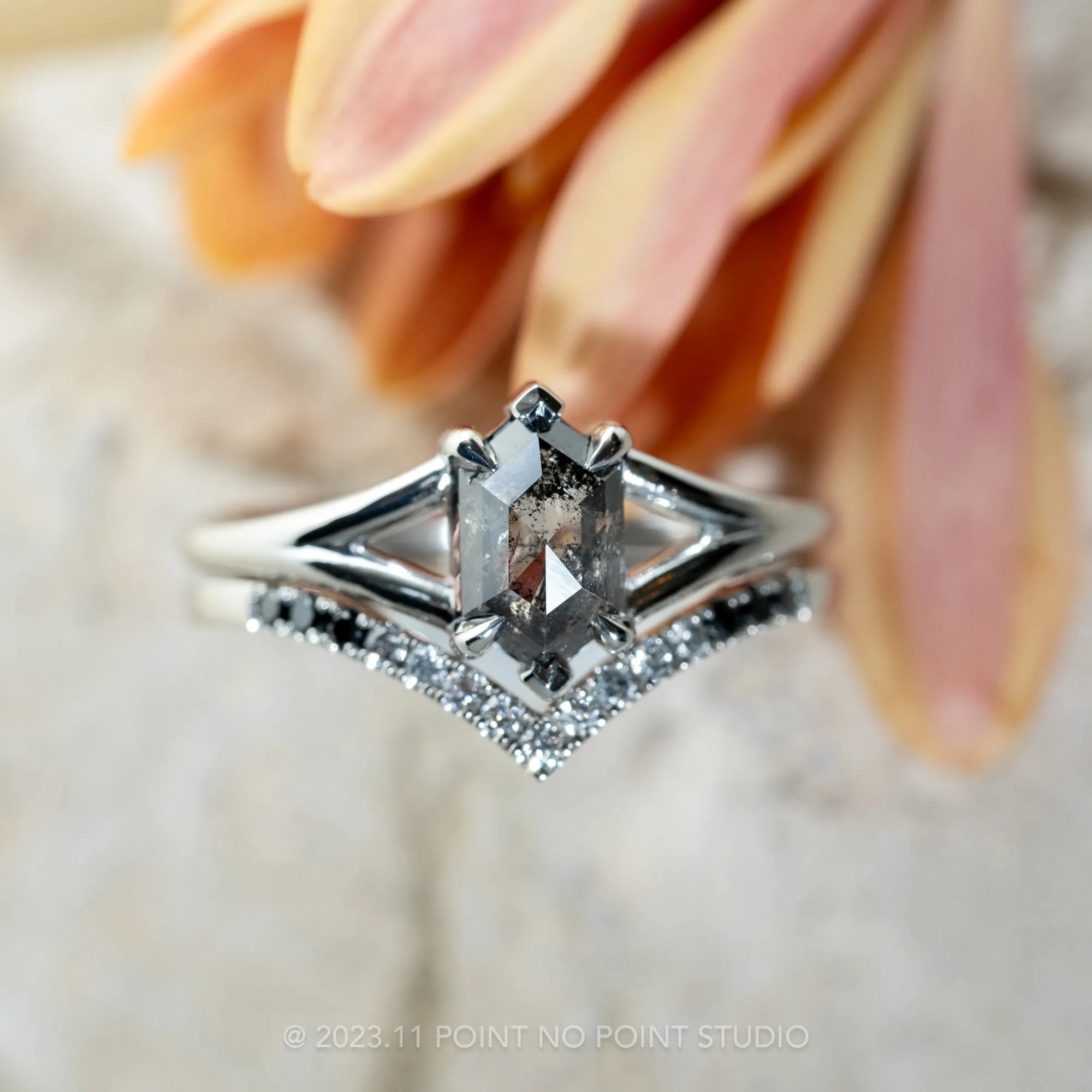 1.42 Carat Black Speckled Hexagon Diamond Engagement Ring, Charlize Setting, 14k White Gold