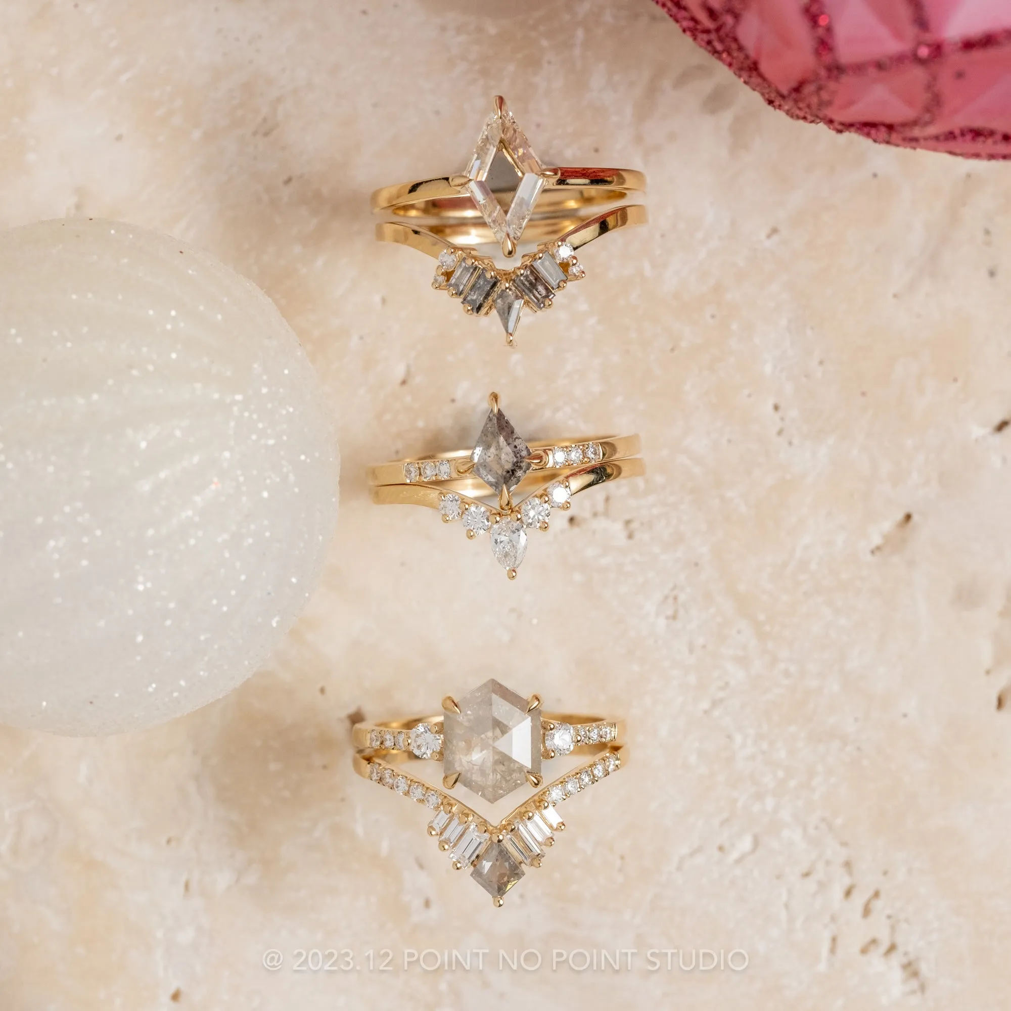 1.46 Carat Icy Salt and Pepper Hexagon Diamond Engagement Ring, Eliza Setting, 14K Yellow Gold