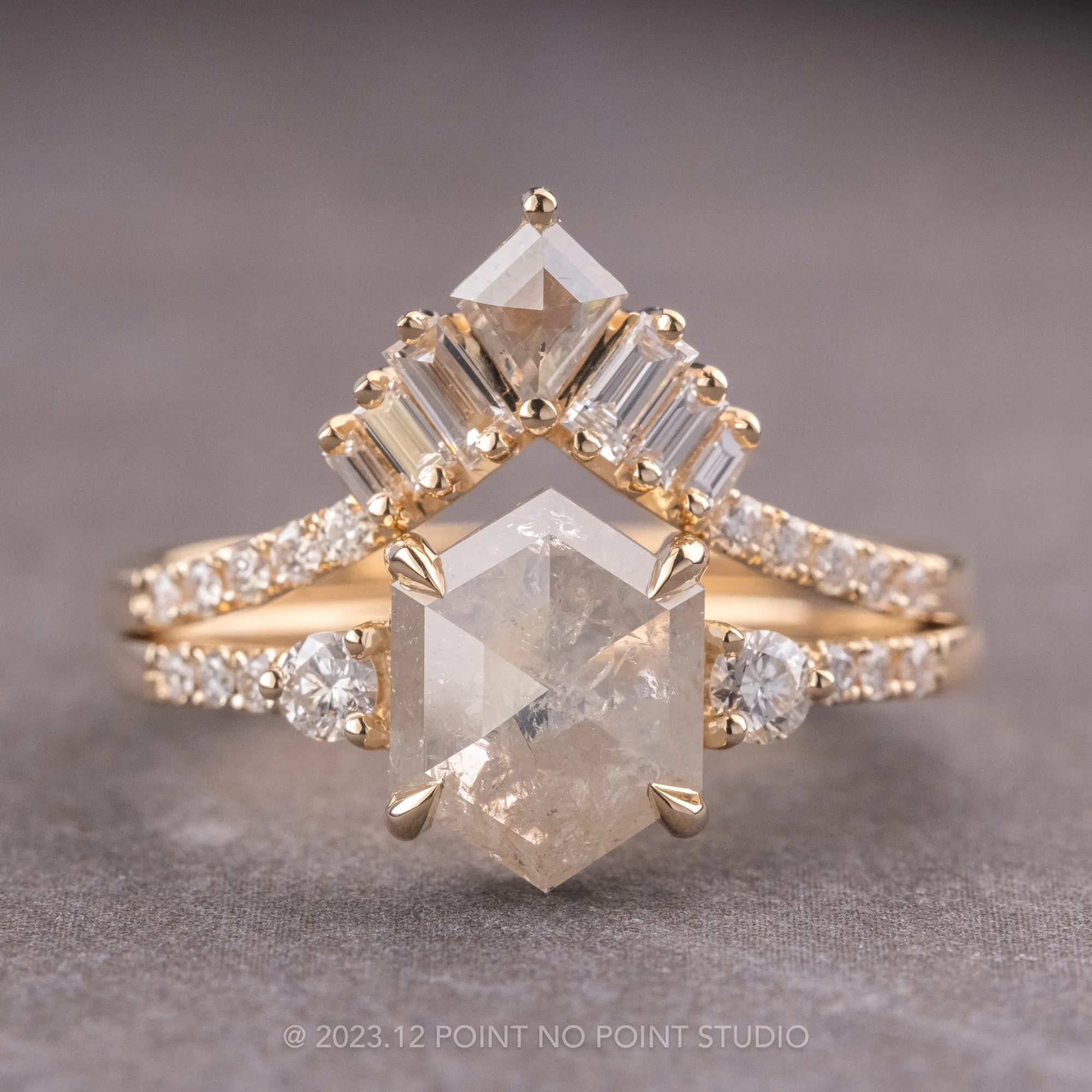1.46 Carat Icy Salt and Pepper Hexagon Diamond Engagement Ring, Eliza Setting, 14K Yellow Gold