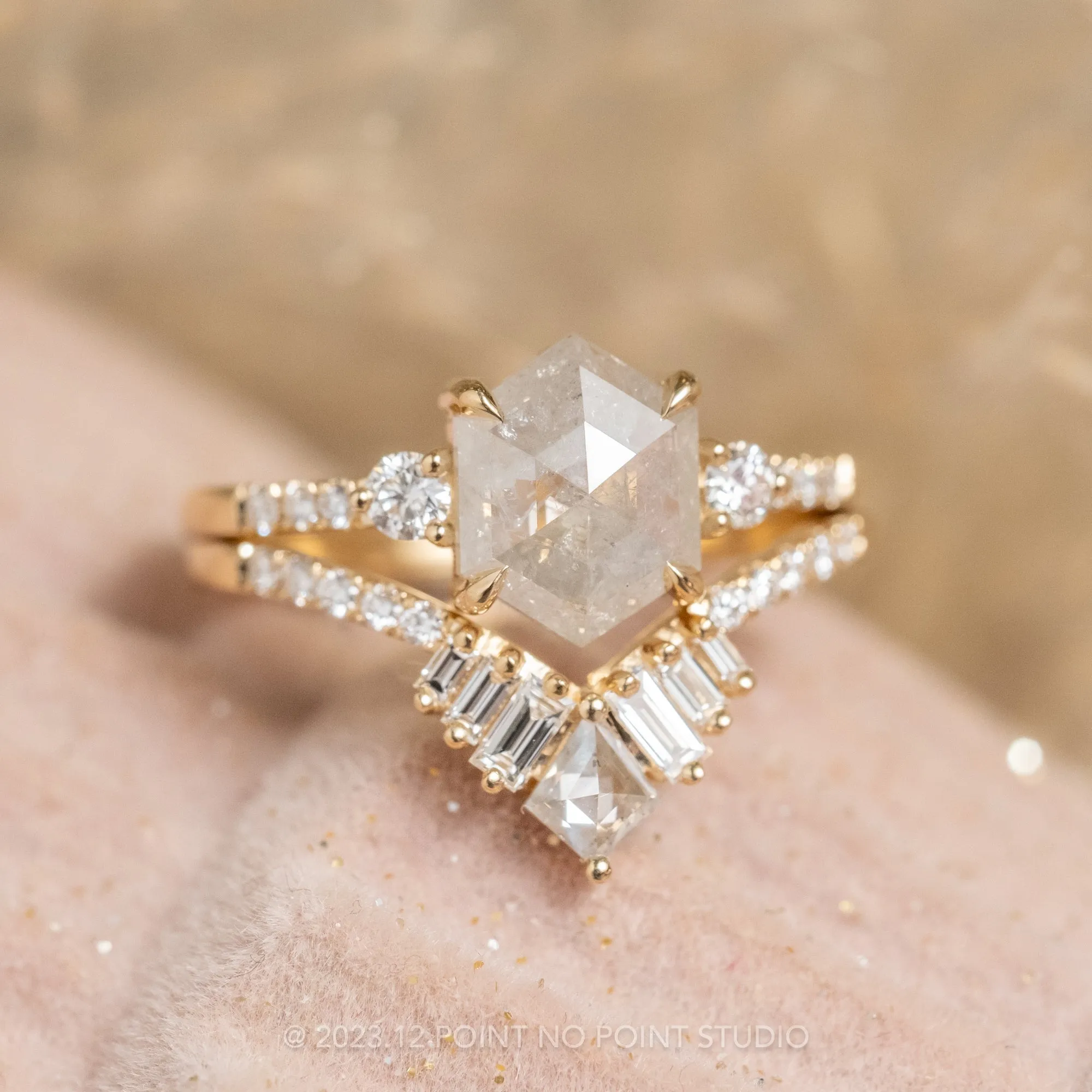 1.46 Carat Icy Salt and Pepper Hexagon Diamond Engagement Ring, Eliza Setting, 14K Yellow Gold
