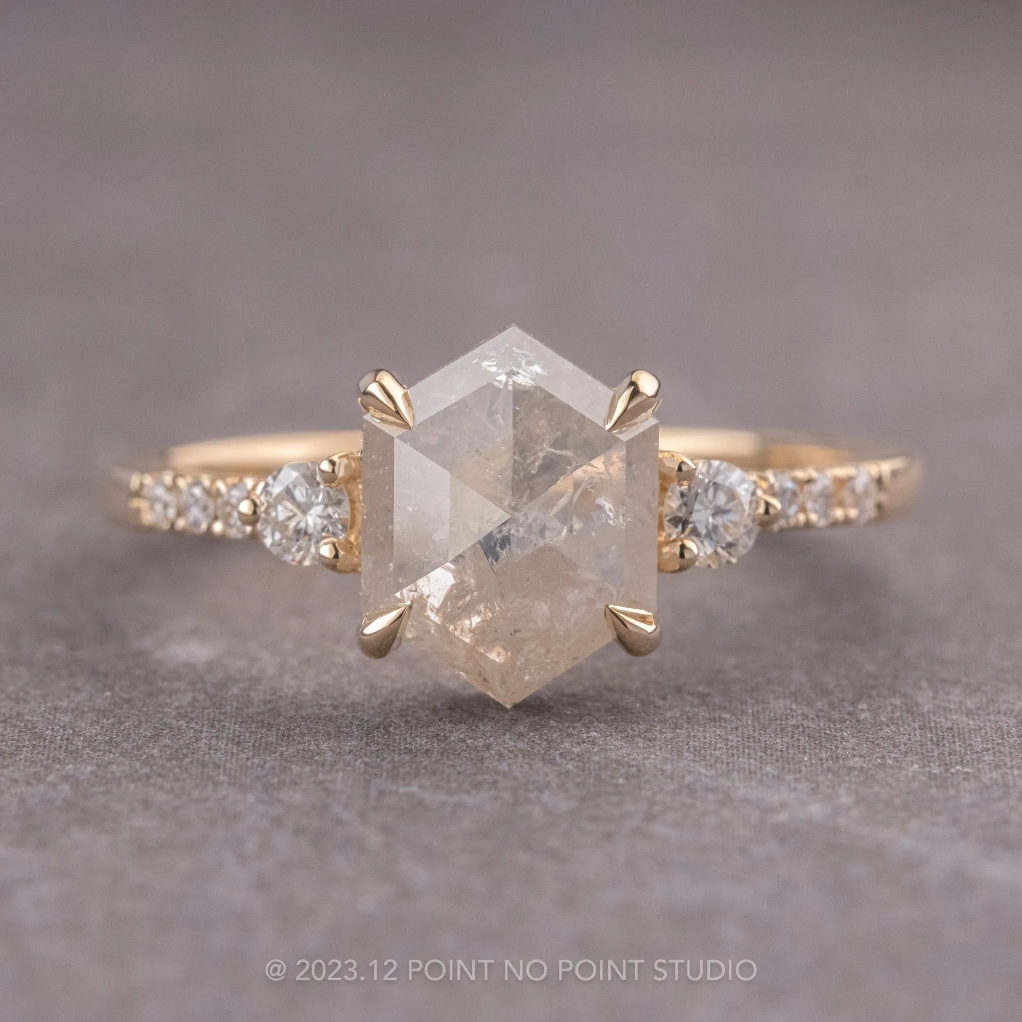 1.46 Carat Icy Salt and Pepper Hexagon Diamond Engagement Ring, Eliza Setting, 14K Yellow Gold