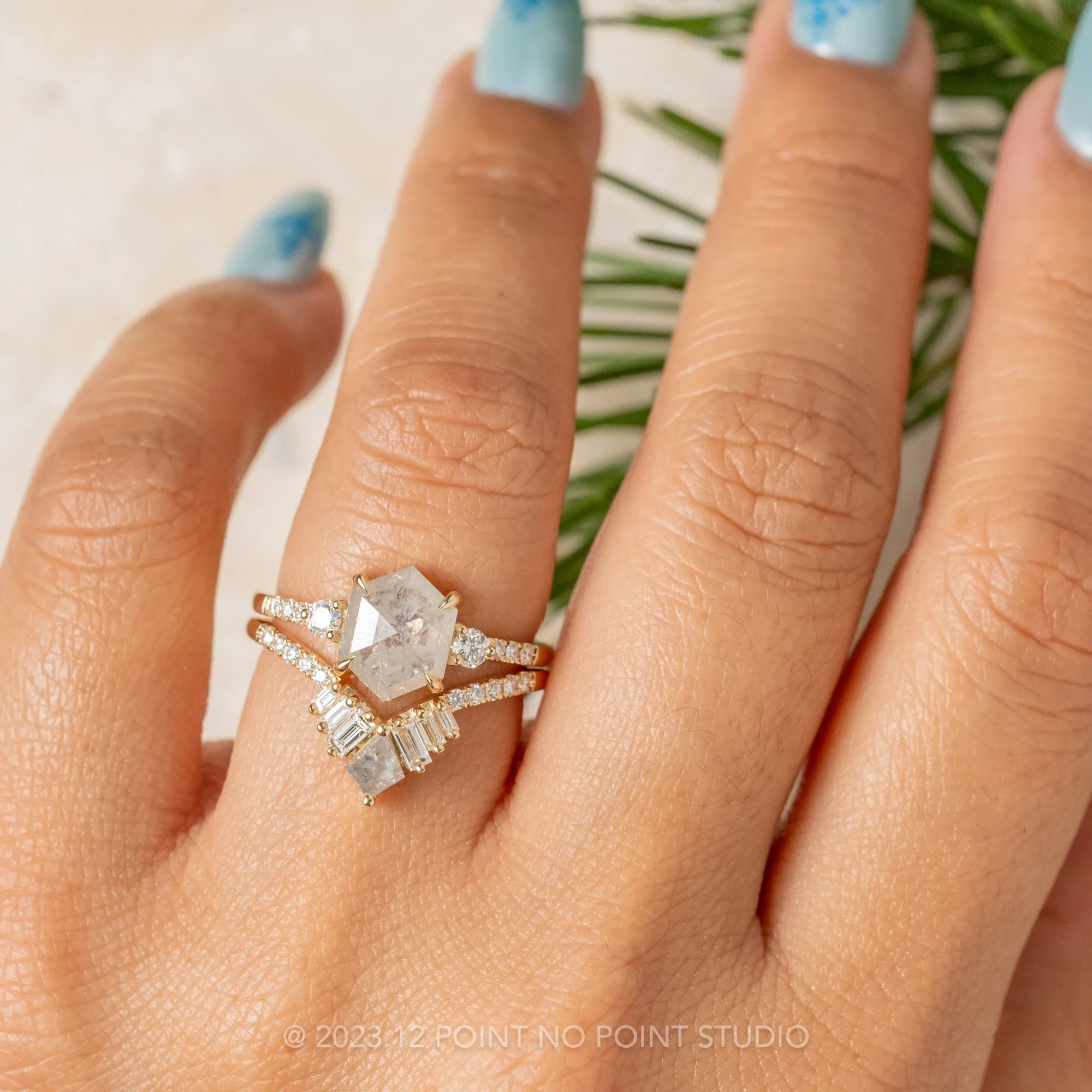 1.46 Carat Icy Salt and Pepper Hexagon Diamond Engagement Ring, Eliza Setting, 14K Yellow Gold