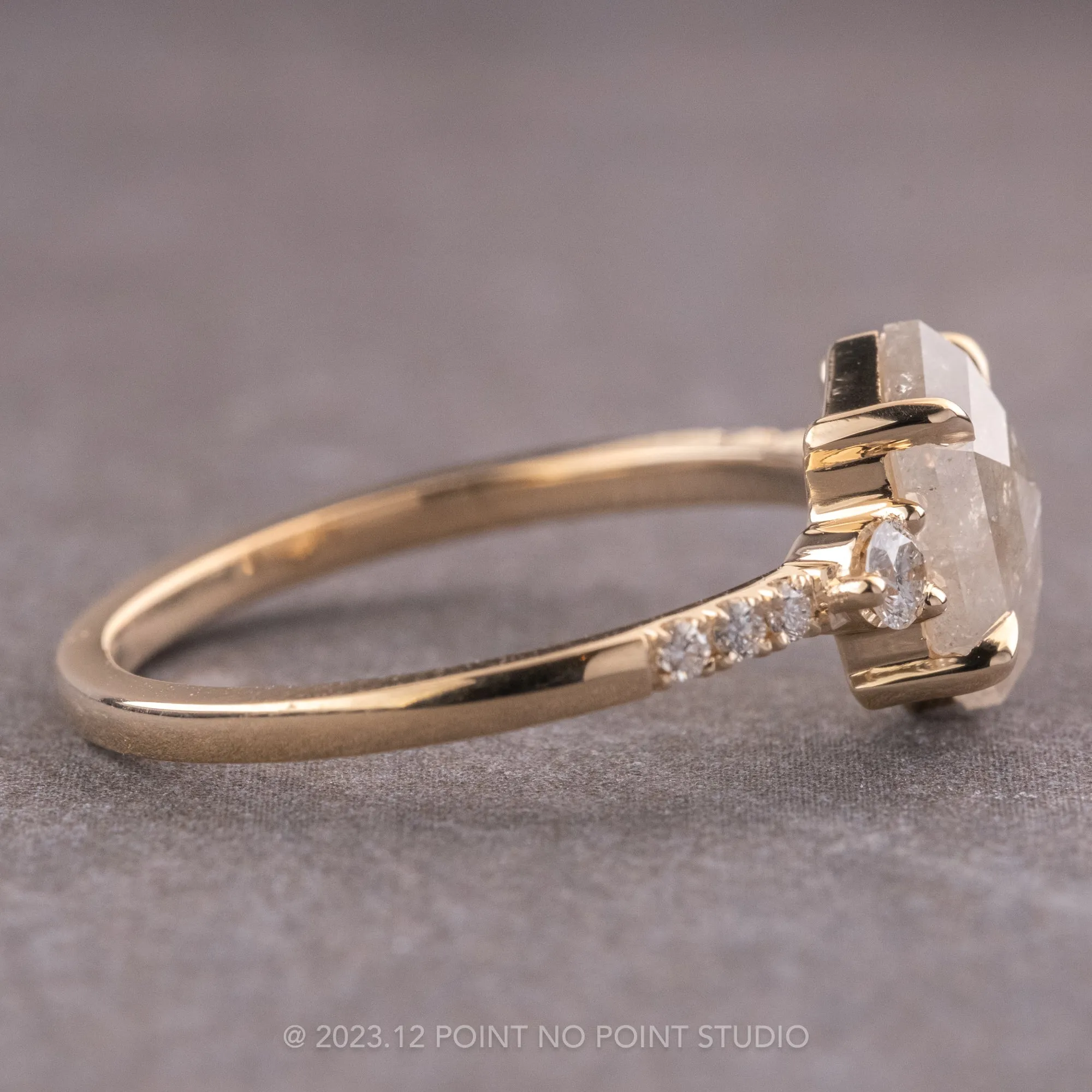 1.46 Carat Icy Salt and Pepper Hexagon Diamond Engagement Ring, Eliza Setting, 14K Yellow Gold
