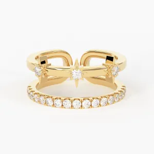 14k Gold Star Ring / Diamond Star Ring / Stackable Star Rings / Diamond Ring / Celestial Dual Ring / Dainty Dtackable Rings / Two Row Ring / Open Ring