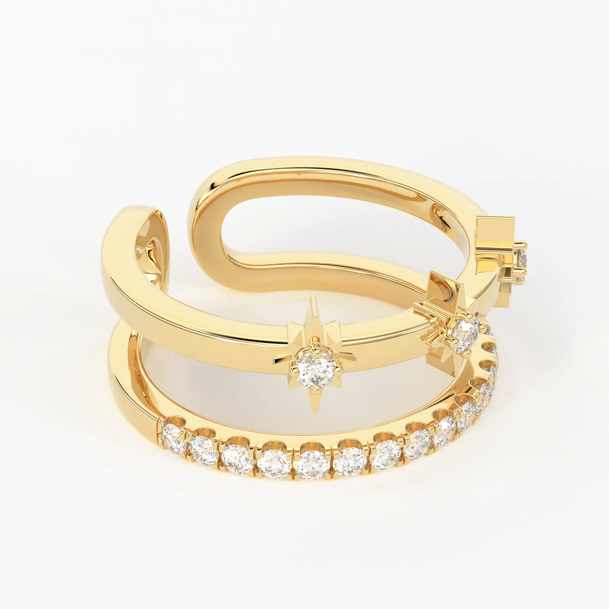 14k Gold Star Ring / Diamond Star Ring / Stackable Star Rings / Diamond Ring / Celestial Dual Ring / Dainty Dtackable Rings / Two Row Ring / Open Ring