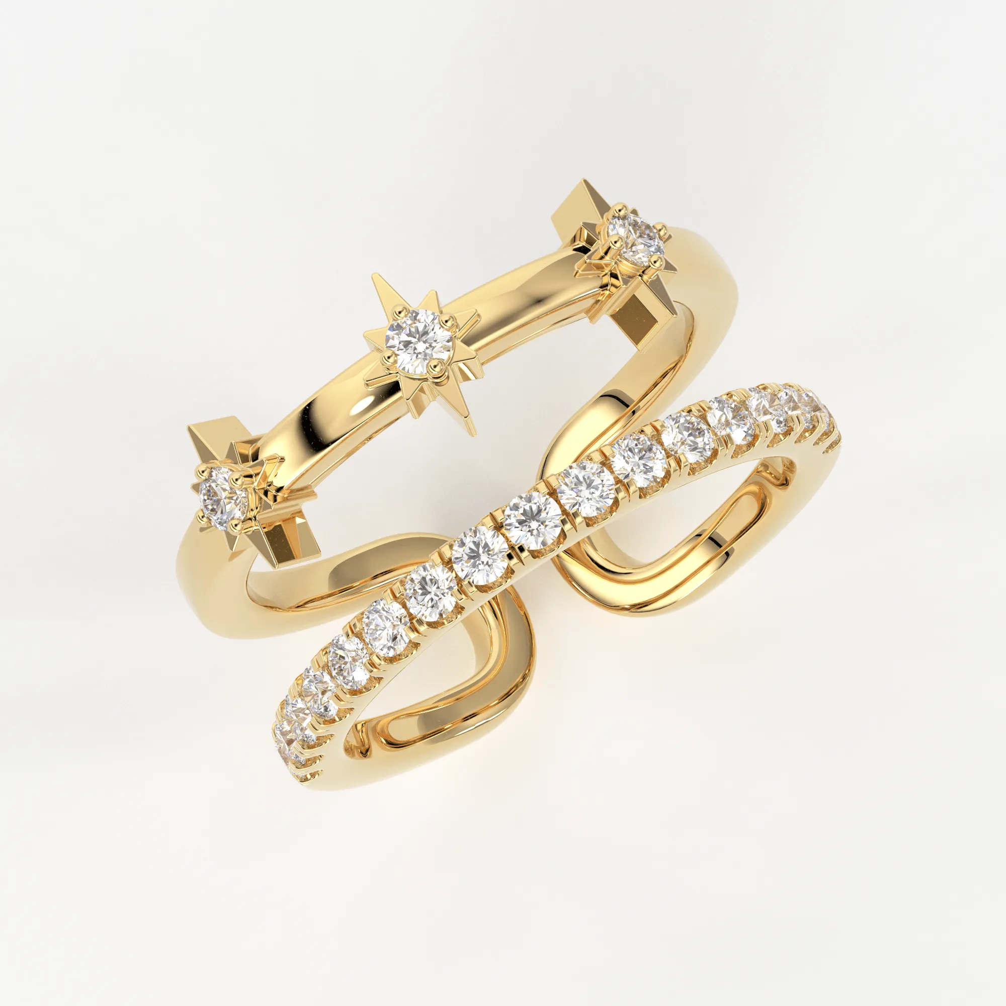 14k Gold Star Ring / Diamond Star Ring / Stackable Star Rings / Diamond Ring / Celestial Dual Ring / Dainty Dtackable Rings / Two Row Ring / Open Ring