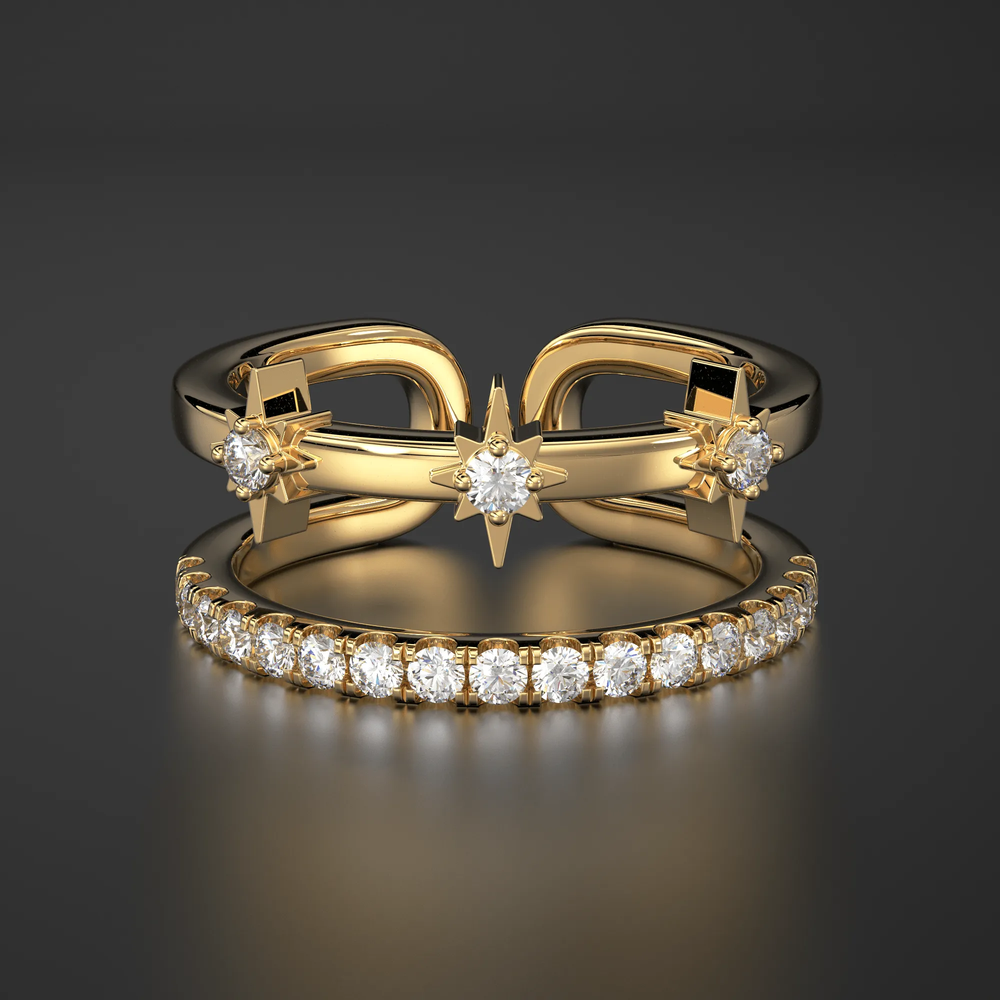 14k Gold Star Ring / Diamond Star Ring / Stackable Star Rings / Diamond Ring / Celestial Dual Ring / Dainty Dtackable Rings / Two Row Ring / Open Ring