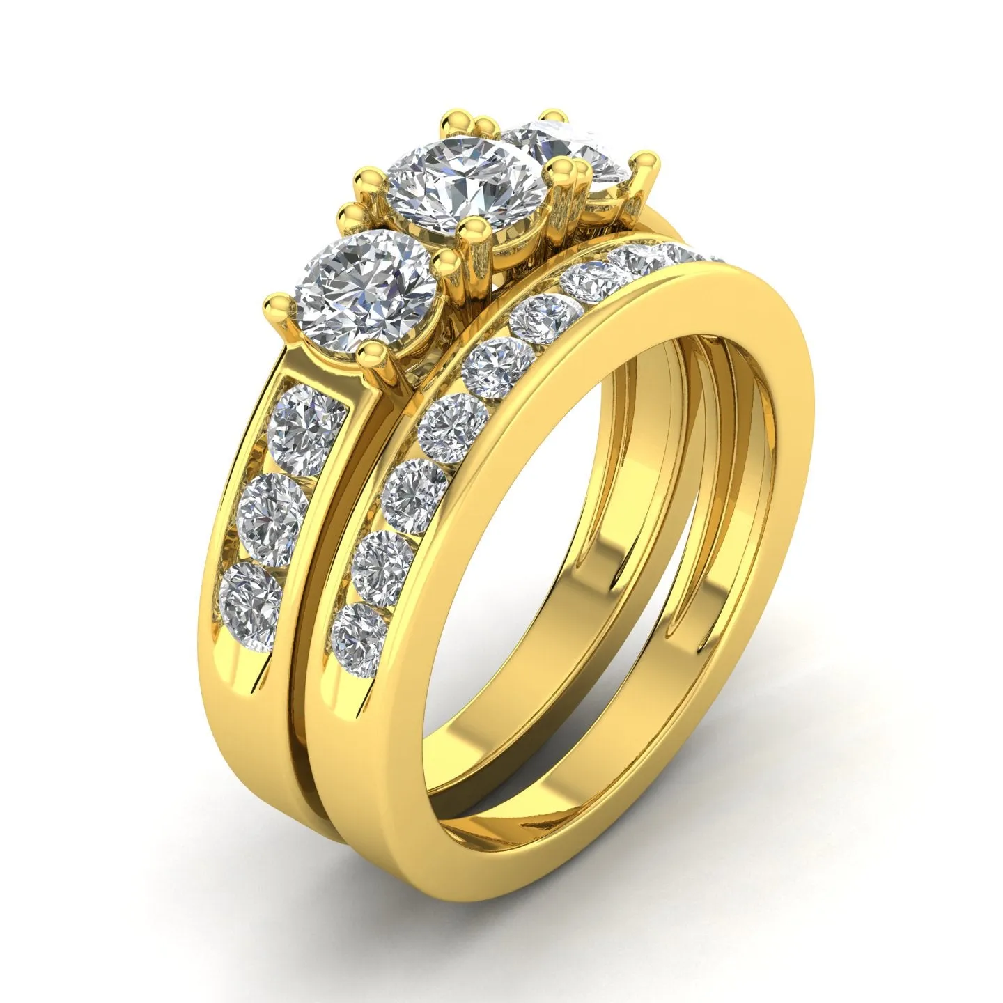 1.50 Carat TW Round Natural Diamond Three Stone Bridal Set Engagement Ring in 10k Yellow Gold