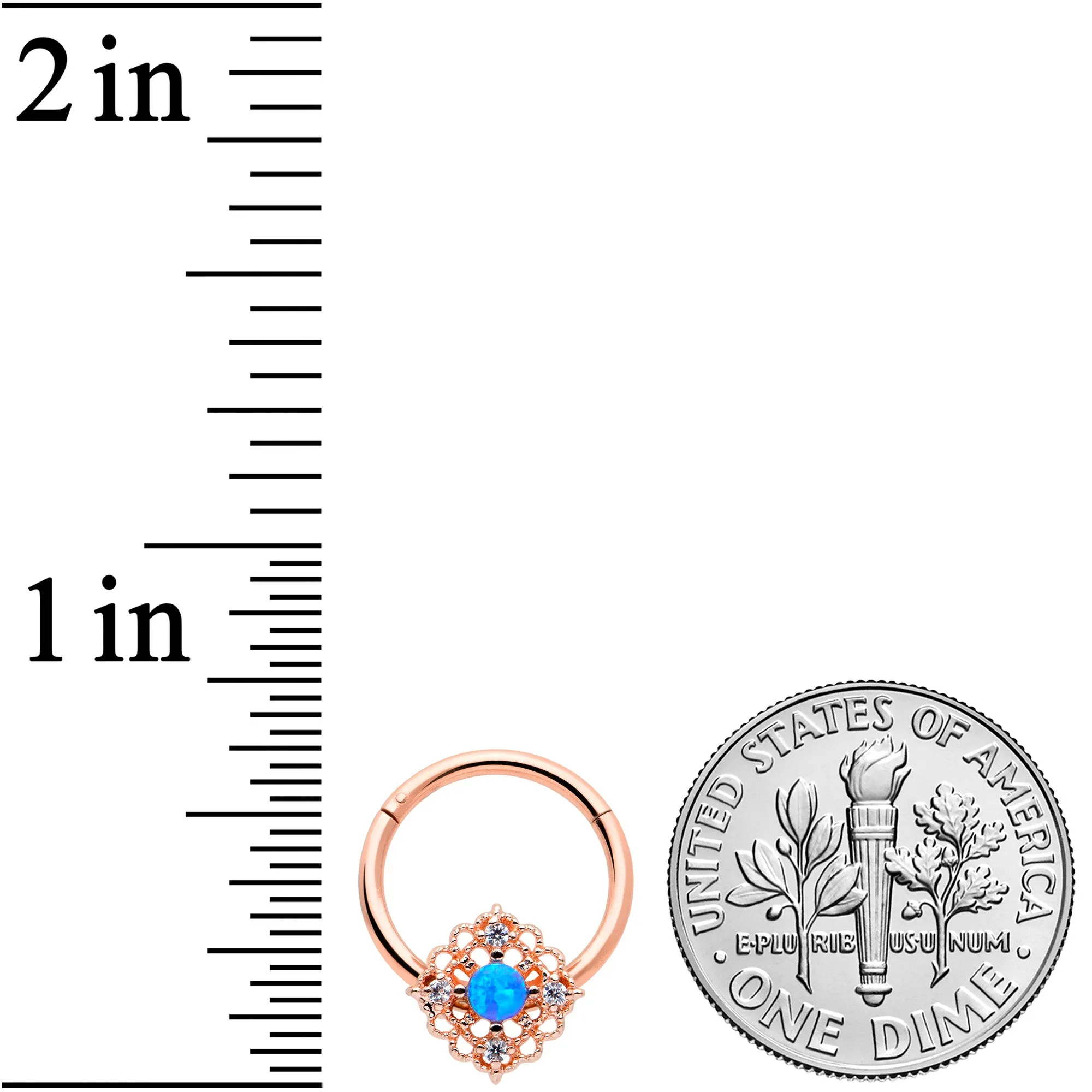 16 Gauge 3/8 Blue Synthetc Opal Rose Gold Hue Lacy Hinged Segment Ring