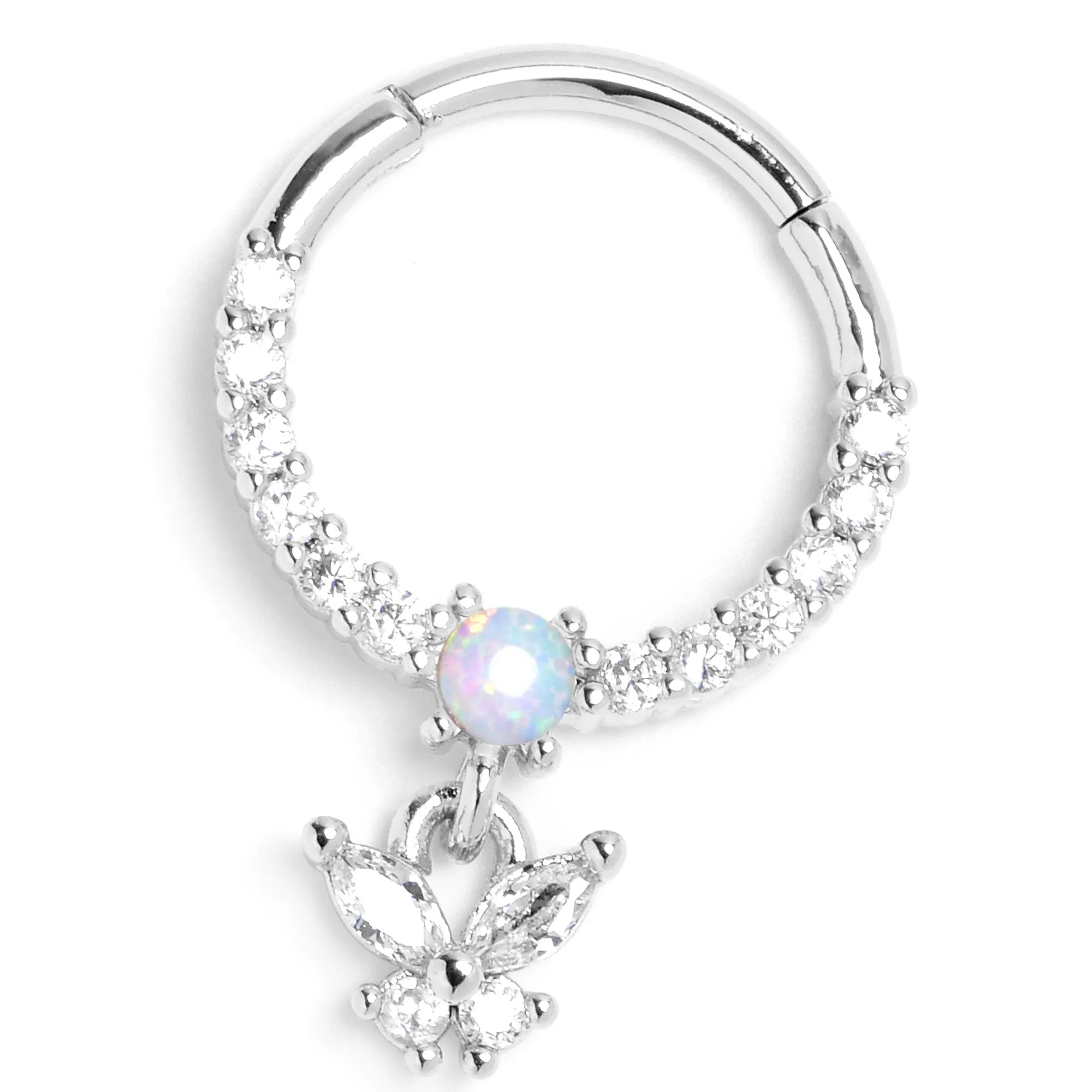 16 Gauge 3/8 Blue Synthetic Opal Butterfly Dangle Hinged Segment Ring