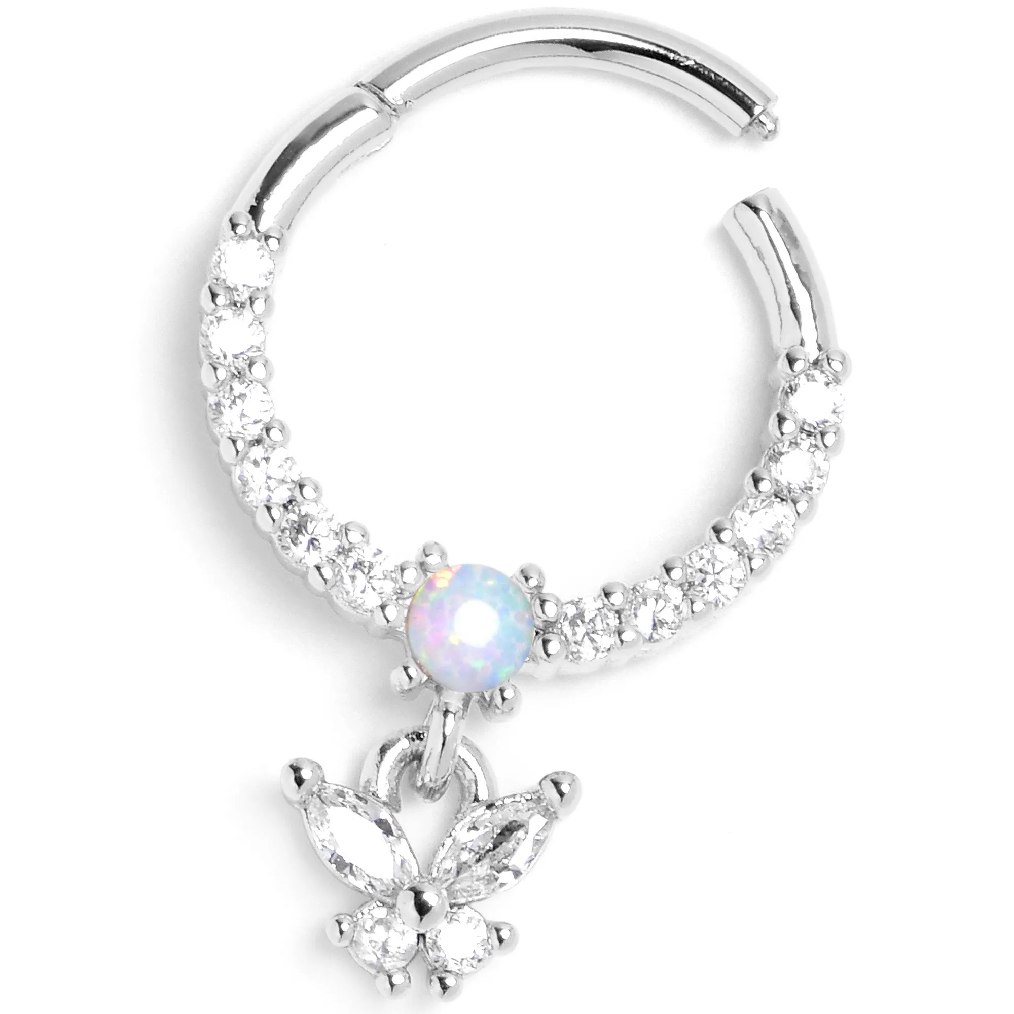 16 Gauge 3/8 Blue Synthetic Opal Butterfly Dangle Hinged Segment Ring