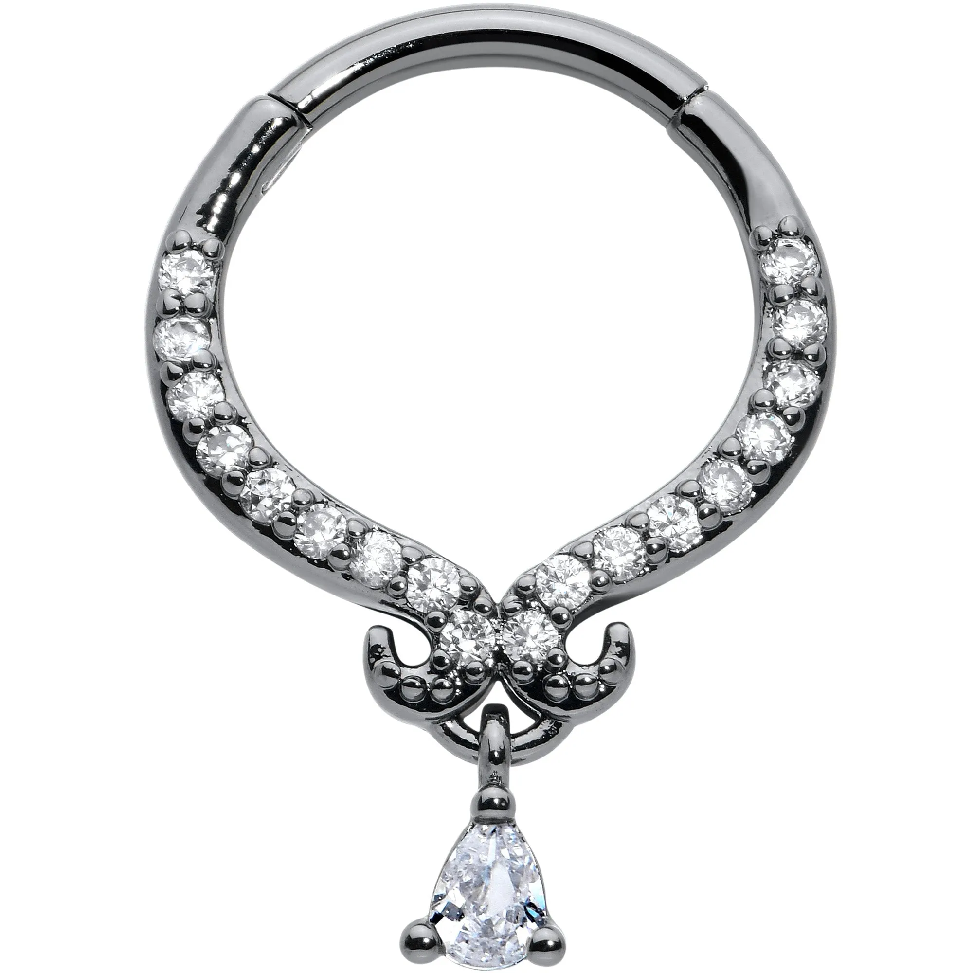 16 Gauge 3/8 Clear CZ Gem Black Elegant Curves Hinged Segment Ring