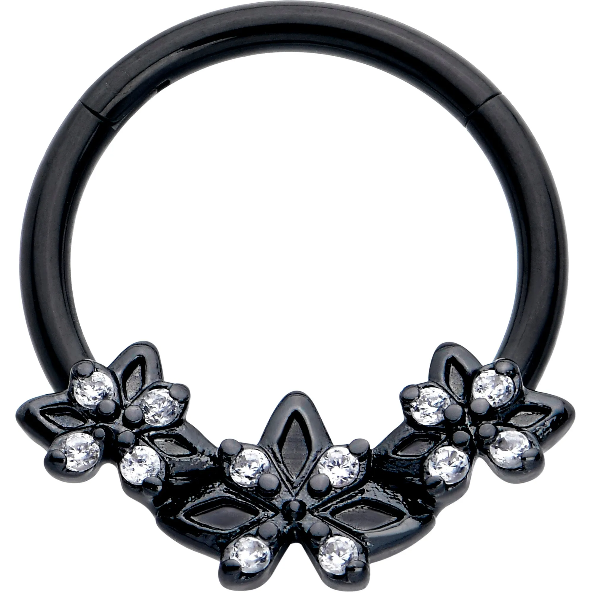 16 Gauge 3/8 Clear CZ Gem Black Gothic Star Trio Hinged Segment Ring