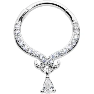 16 Gauge 3/8 Clear CZ Gem Elegant Curves Dangle Hinged Segment Ring