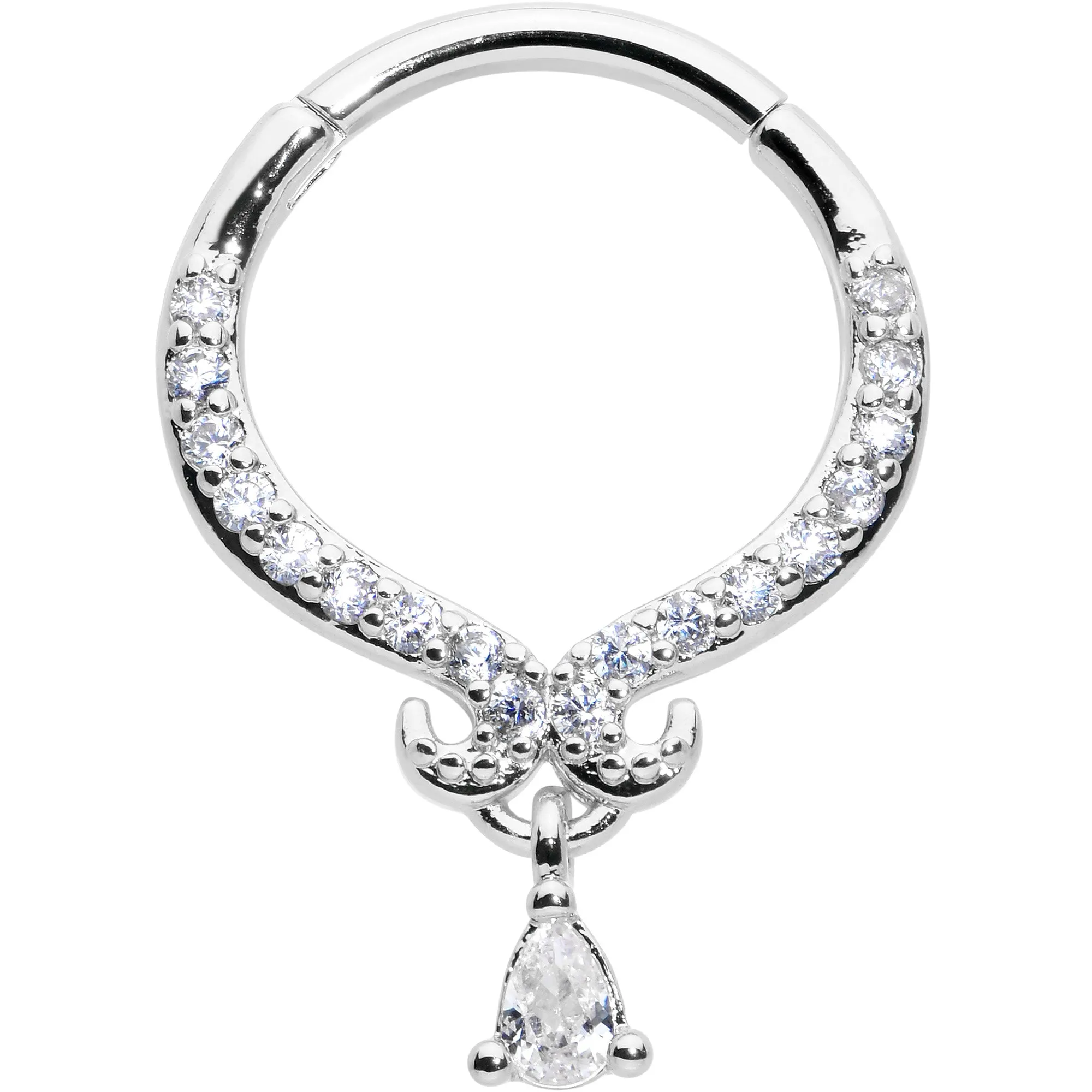 16 Gauge 3/8 Clear CZ Gem Elegant Curves Dangle Hinged Segment Ring