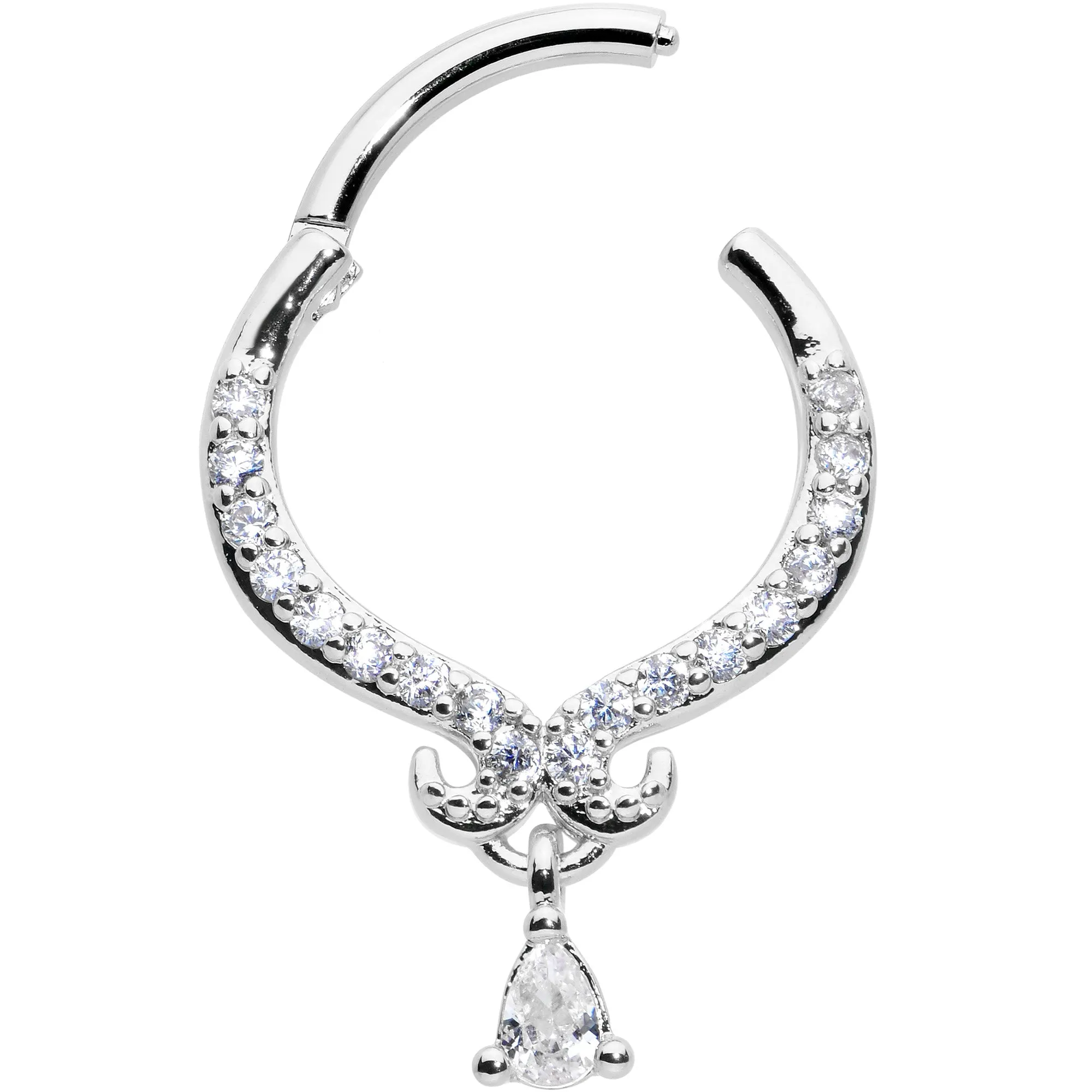 16 Gauge 3/8 Clear CZ Gem Elegant Curves Dangle Hinged Segment Ring