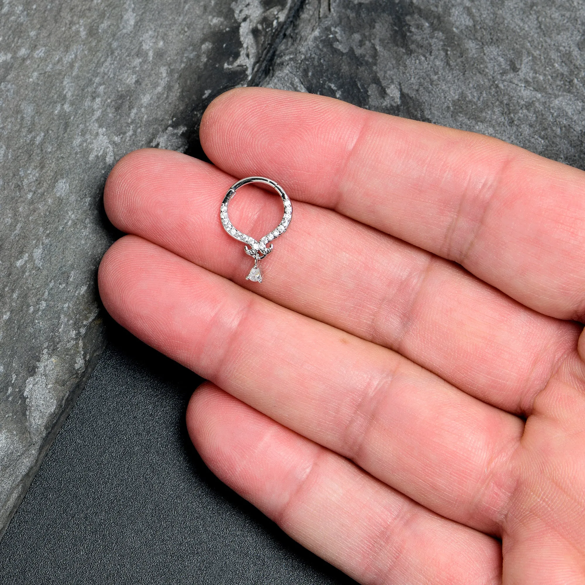 16 Gauge 3/8 Clear CZ Gem Elegant Curves Dangle Hinged Segment Ring