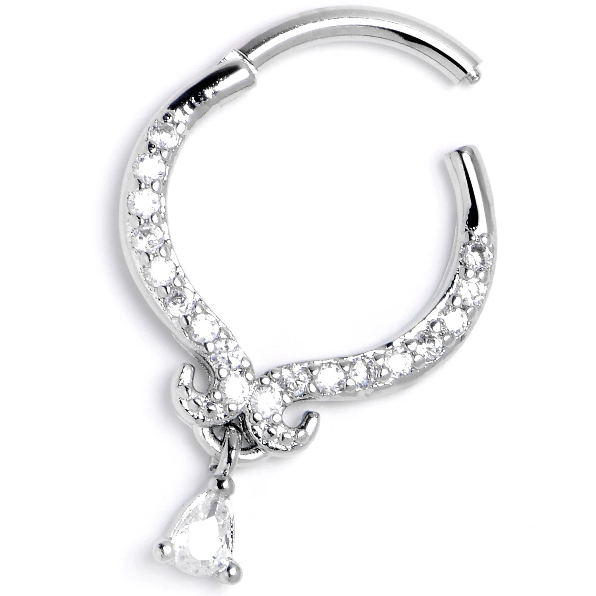 16 Gauge 3/8 Clear CZ Gem Elegant Curves Dangle Hinged Segment Ring