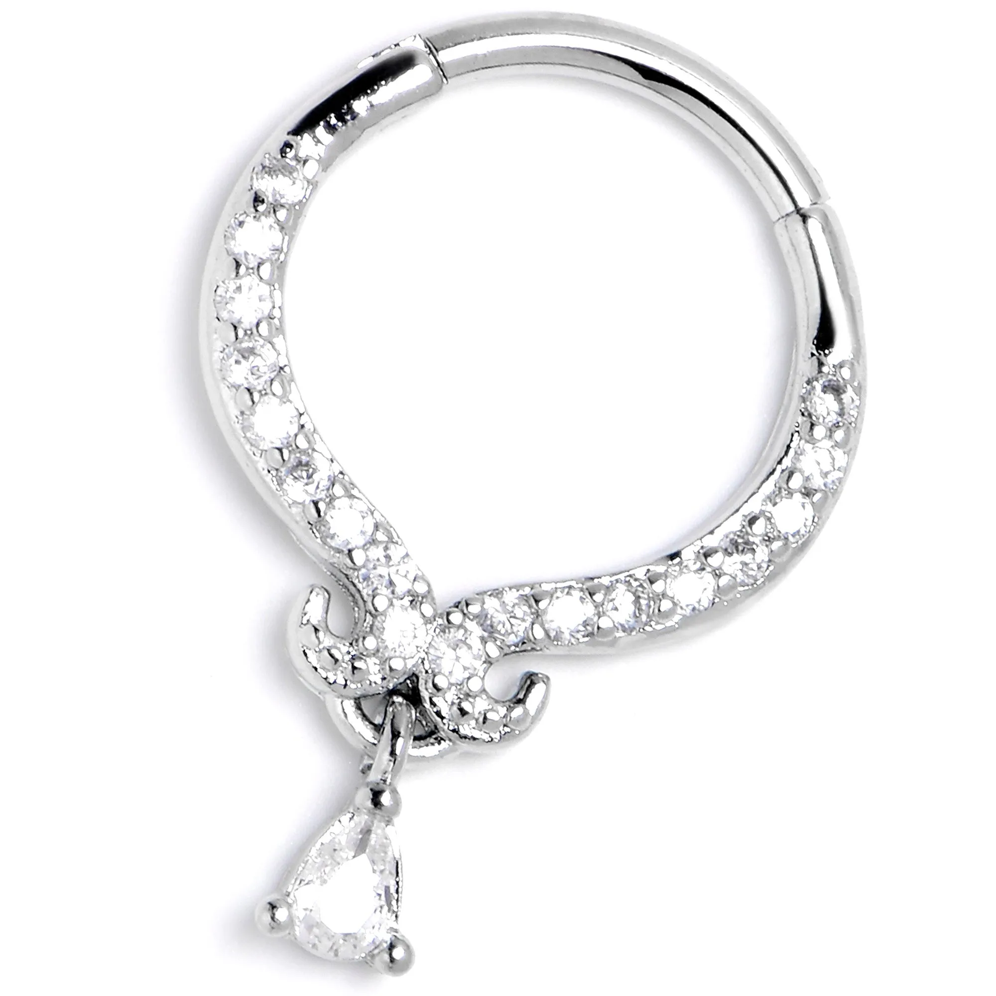 16 Gauge 3/8 Clear CZ Gem Elegant Curves Dangle Hinged Segment Ring