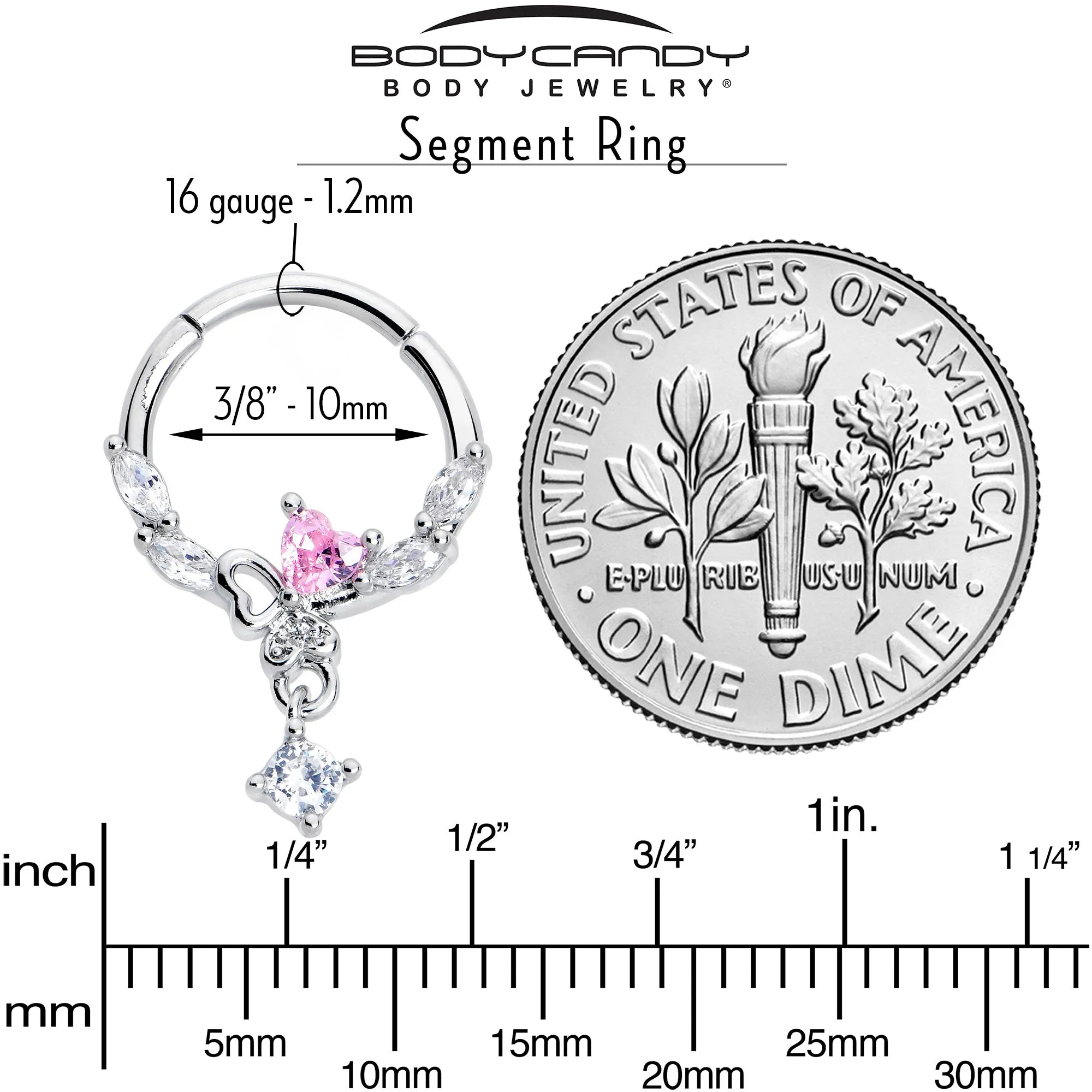 16 Gauge 3/8 Pink CZ Gem Butterfly Heart Dangle Hinged Segment Ring