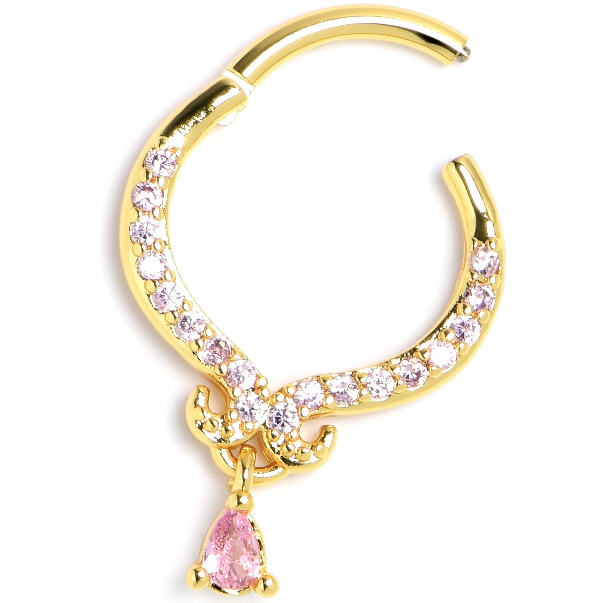 16 Gauge 3/8 Pink CZ Gem Gold Tone Elegant Curves Hinged Segment Ring