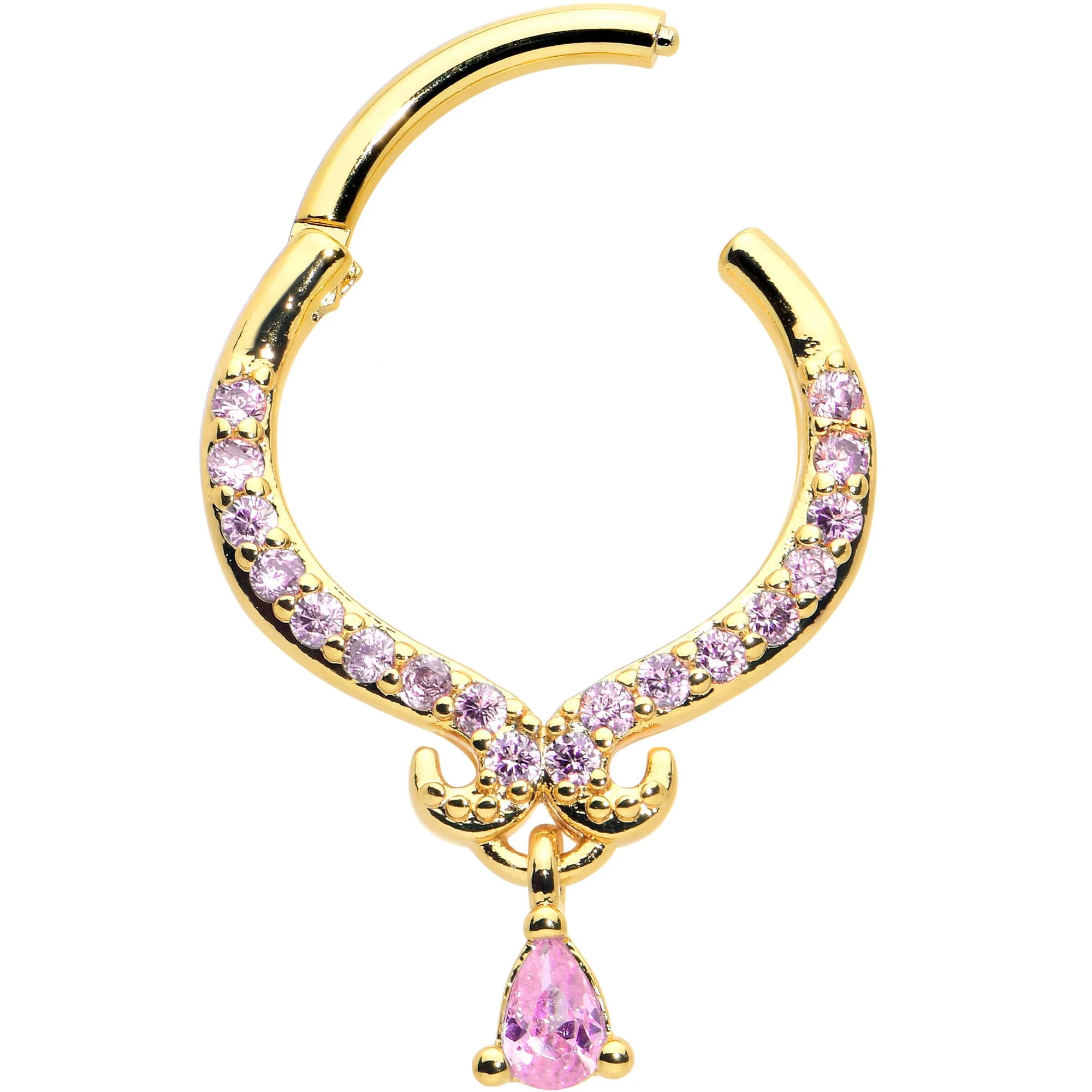 16 Gauge 3/8 Pink CZ Gem Gold Tone Elegant Curves Hinged Segment Ring