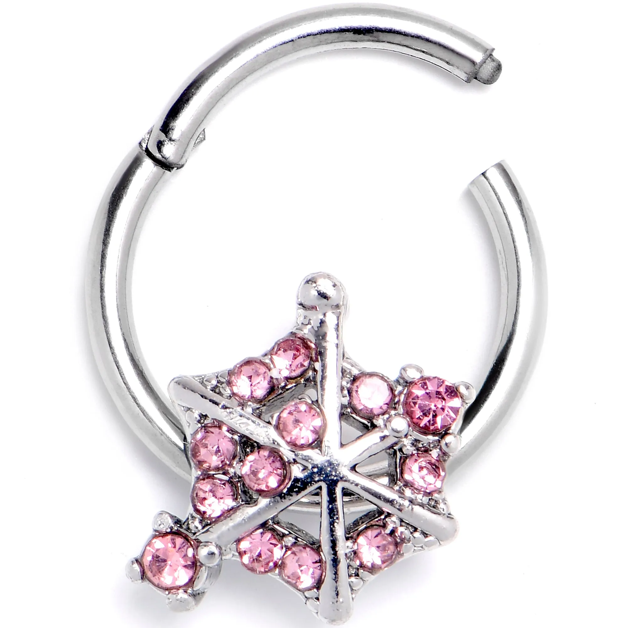 16 Gauge 3/8 Pink Gem Spiderweb Goth Hinged Segment Ring
