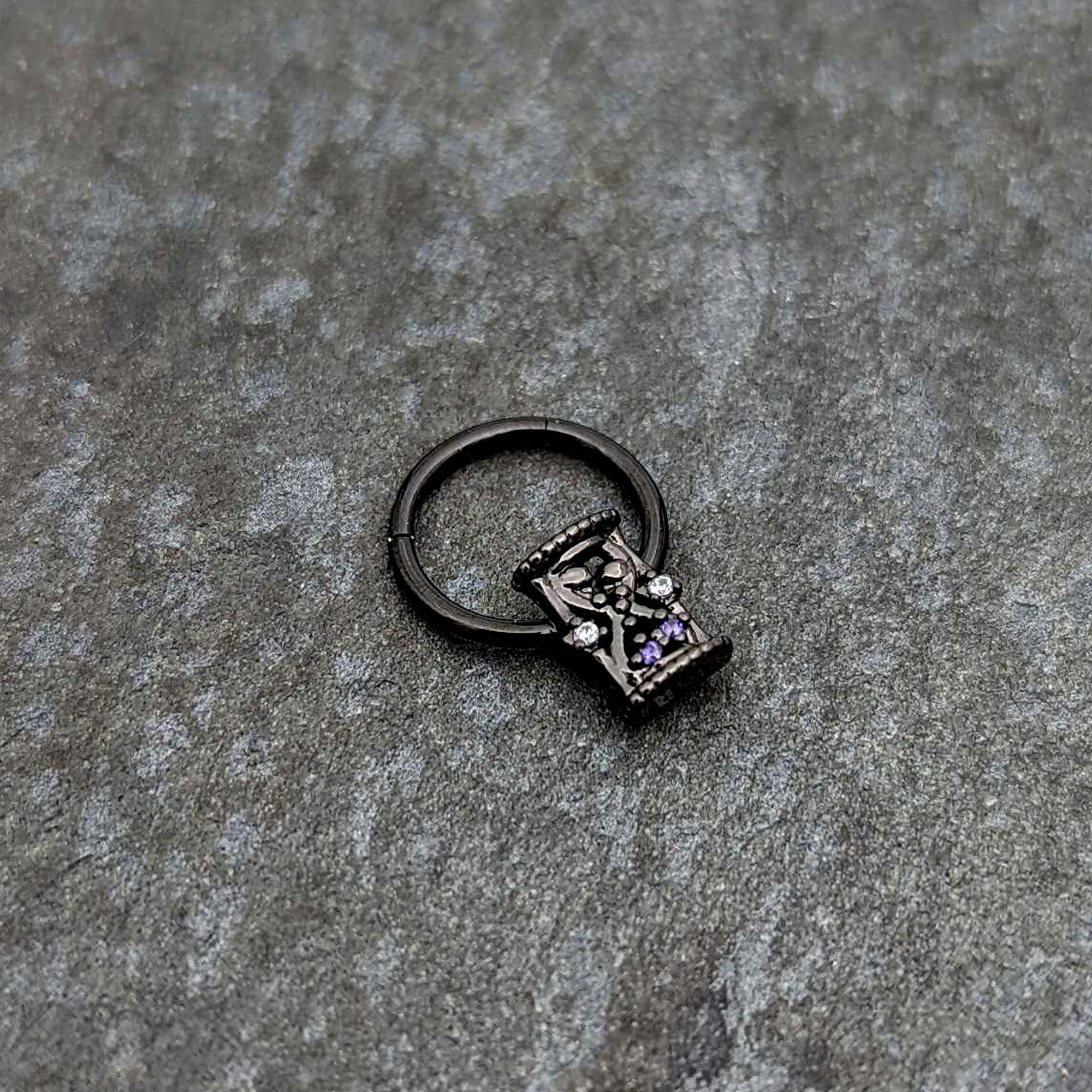 16 Gauge 3/8 Purple Gem Black Heart Goth Hourglass Hinged Segment Ring
