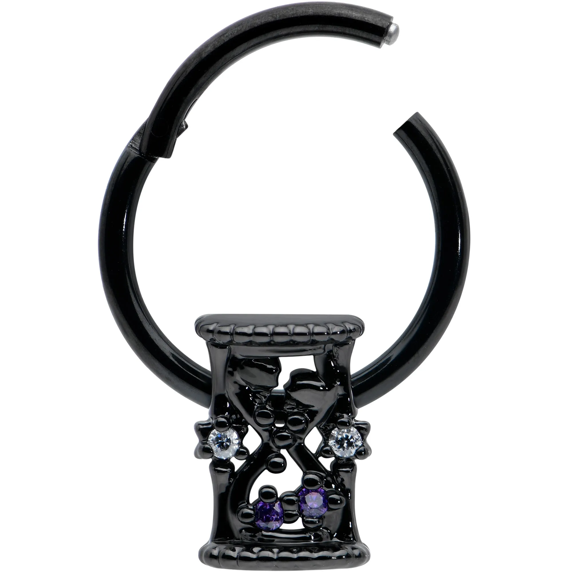 16 Gauge 3/8 Purple Gem Black Heart Goth Hourglass Hinged Segment Ring