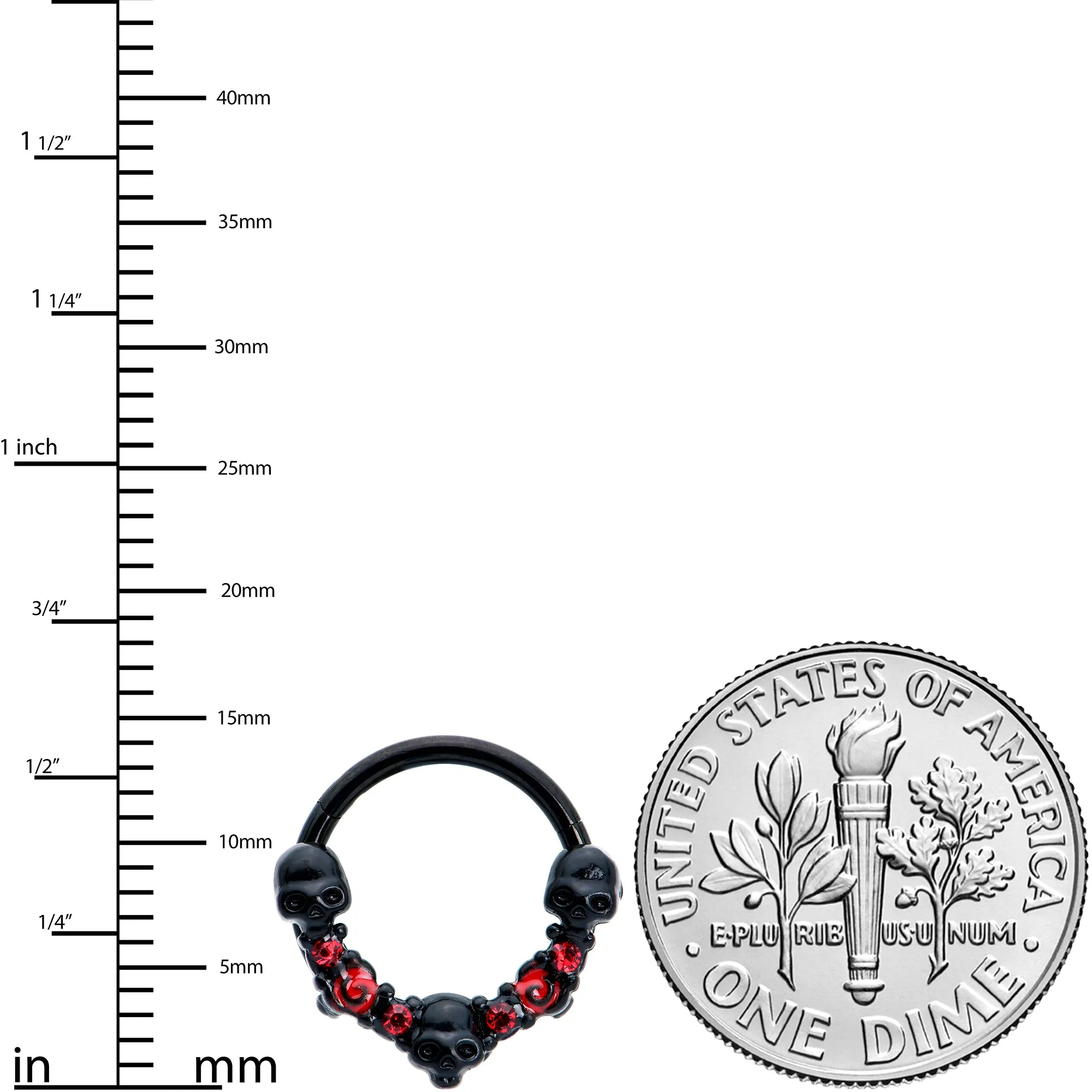 16 Gauge 3/8 Red Clear CZ Gem Black Skull Halloween Hinged Segment Ring