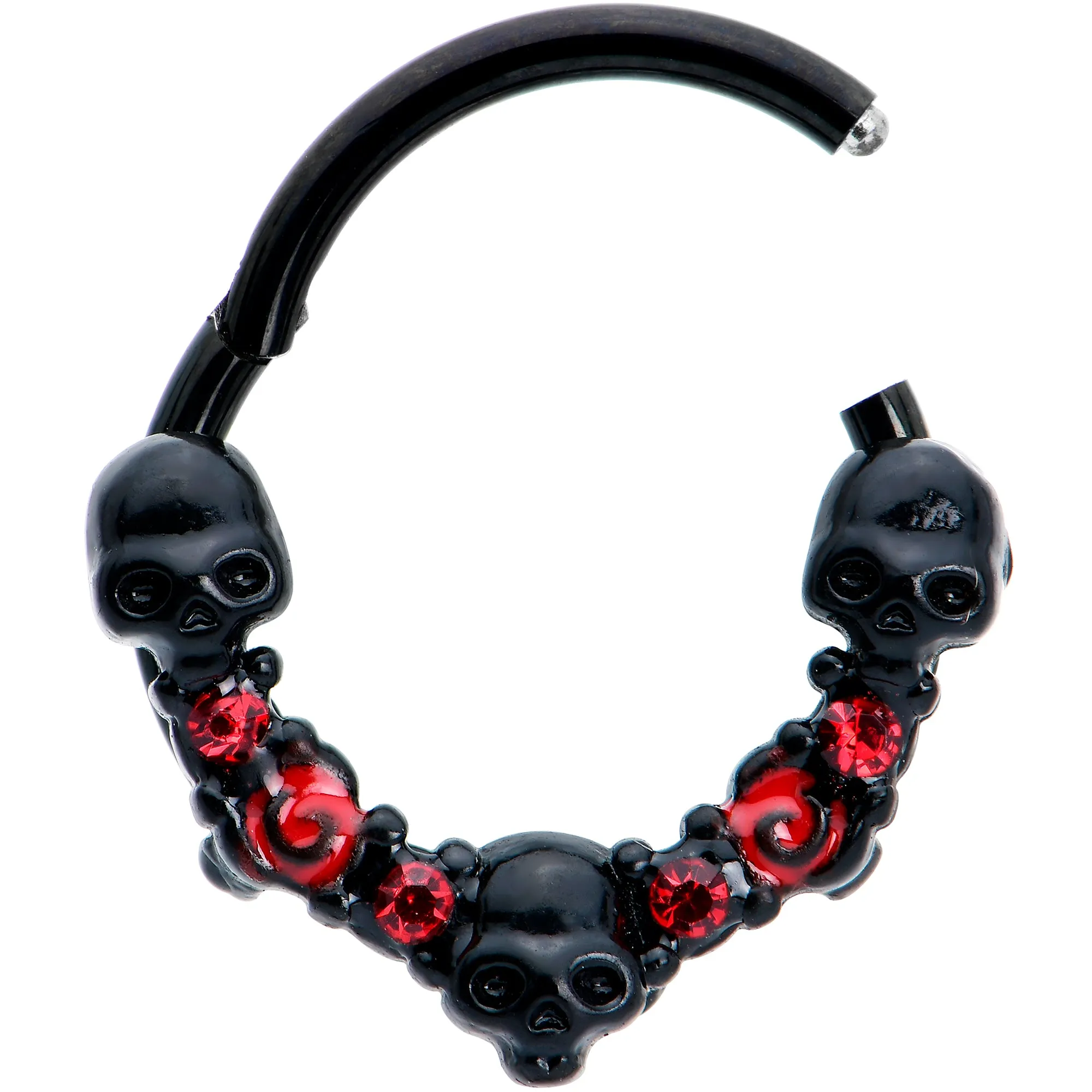 16 Gauge 3/8 Red Clear CZ Gem Black Skull Halloween Hinged Segment Ring