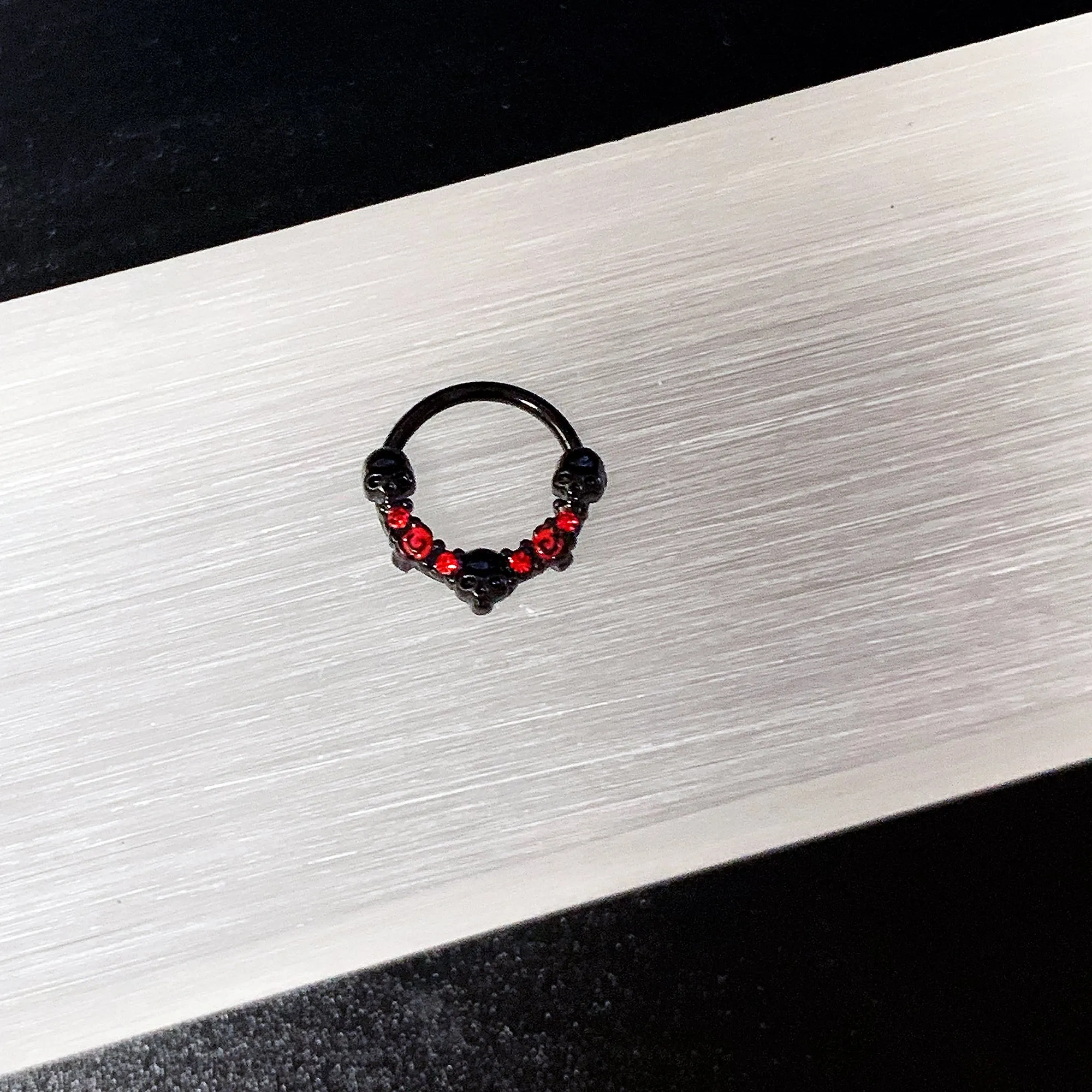 16 Gauge 3/8 Red Clear CZ Gem Black Skull Halloween Hinged Segment Ring