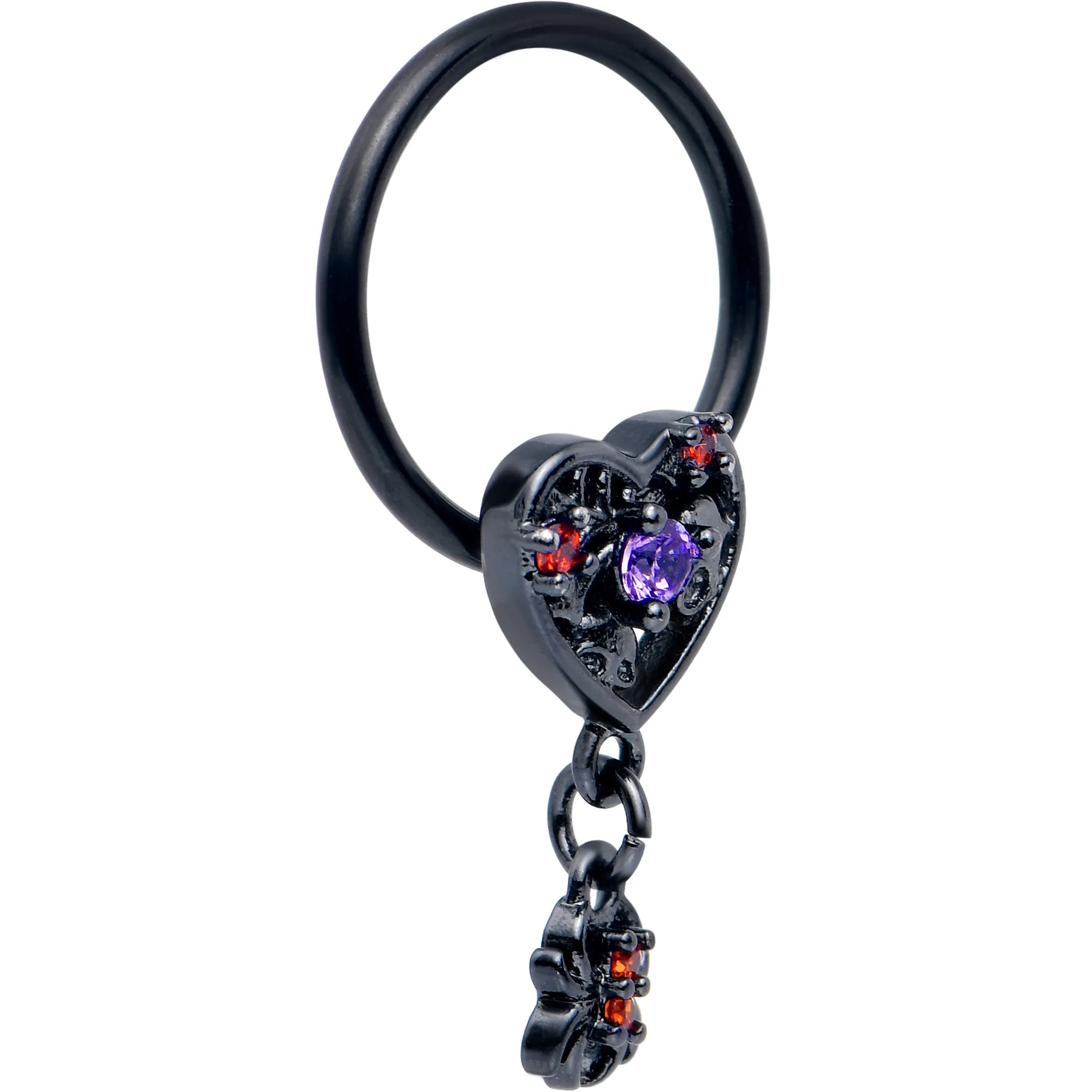 16 Gauge 3/8 Red CZ Gem Black Heart Spider Skull Dangle BCR Captive Ring