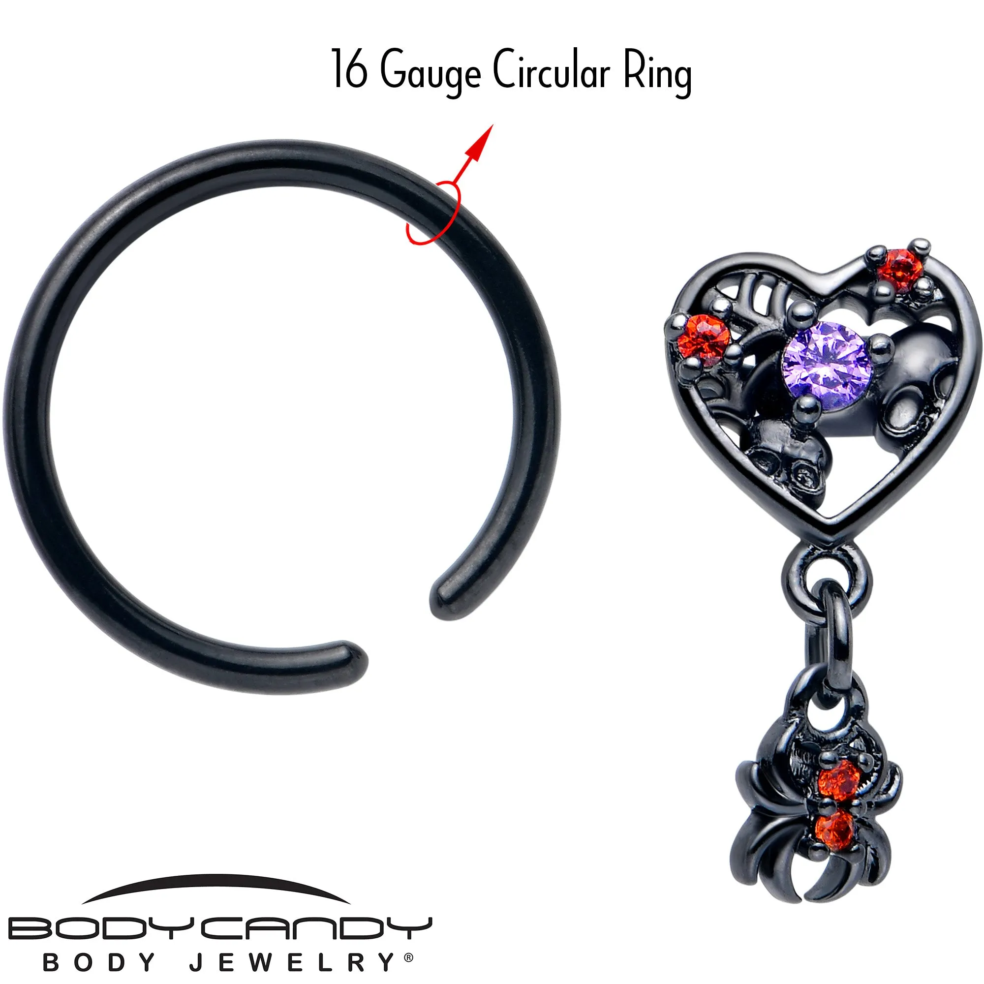 16 Gauge 3/8 Red CZ Gem Black Heart Spider Skull Dangle BCR Captive Ring