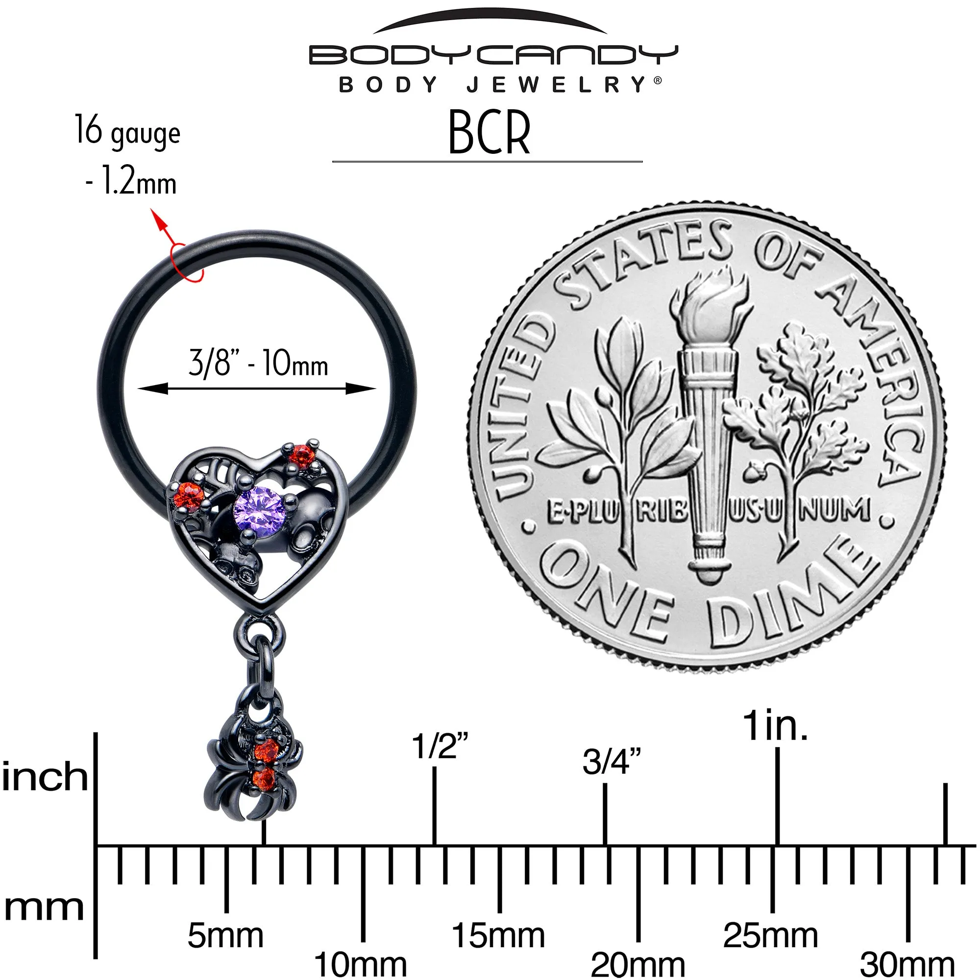 16 Gauge 3/8 Red CZ Gem Black Heart Spider Skull Dangle BCR Captive Ring