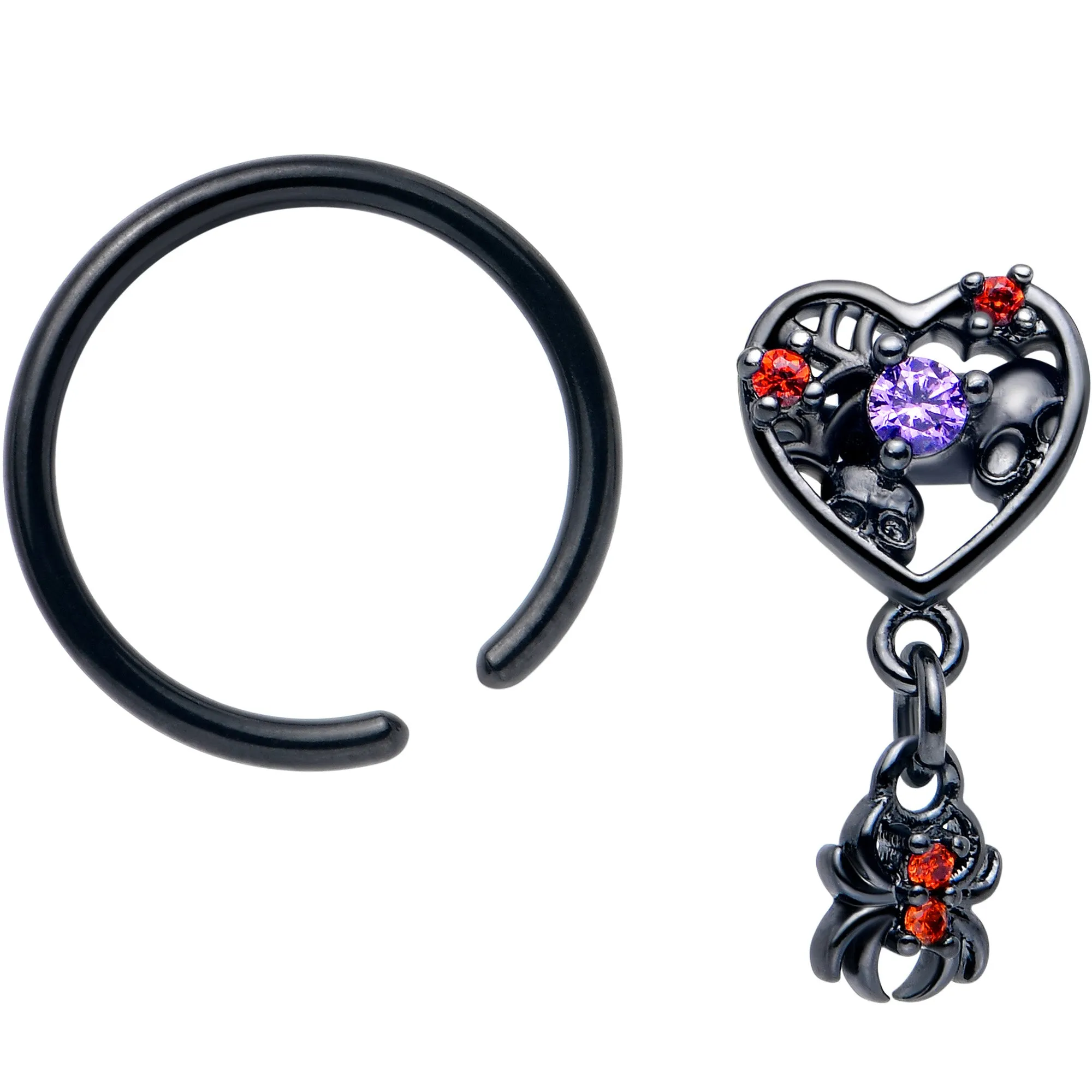 16 Gauge 3/8 Red CZ Gem Black Heart Spider Skull Dangle BCR Captive Ring